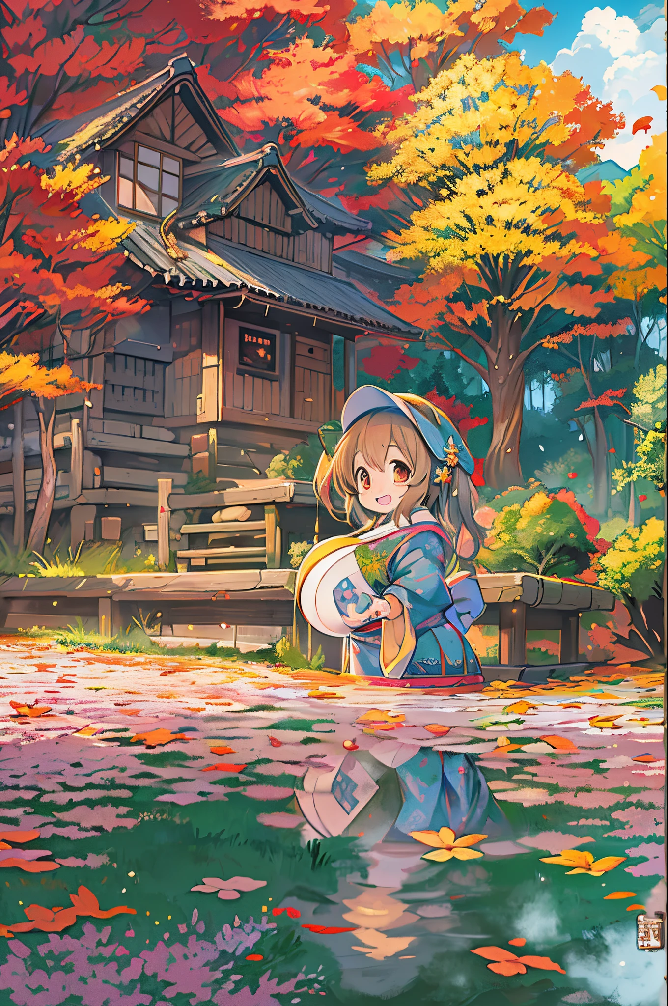 huge-breasted、kawaii、8 girl、A big smile、bbw、thick thight、big butts、Ultramammy,Chibi, autumn day,kaede、 Pines, Anime Background Art, japanese art style, beautiful anime scene, detailed scenery - width 672, Background art, Anime landscapes, Anime Background, Beautiful anime scenery, Beautiful peace scenes in anime, landscape artwork,In the forest、with parakeet