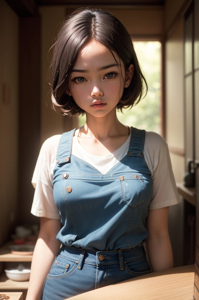 (Raw photo, 4K, masutepiece, High resolution, very intricate) (Realistic: 1.4), Cinematic lighting, 1 girl, Solo Focus, Summer noon, Hot, 1990's (Style), denim lens, Indoor, Short sleeve T-shirt