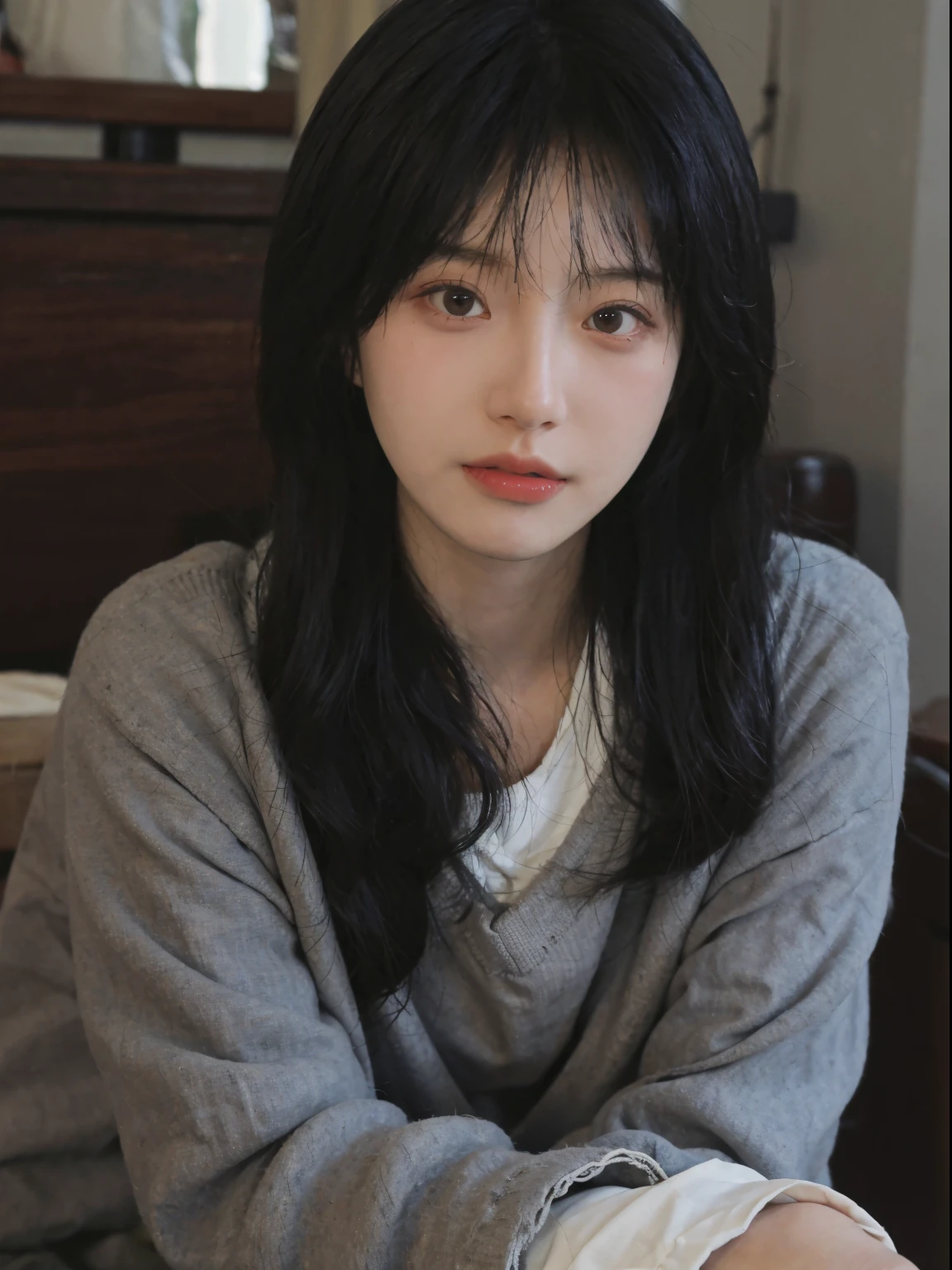 Best quality， 超高分辨率， （realistically：1.4）， A woman with long black hair and a gray sweater, The middle view is, JK school uniform，under a ray of sunshine，She has black hair，through bangs, young lovely Korean faces, Cute Korean face, Urzans, Shin Jinying, beautiful aesthetic face, Korean facial features, Played by Liu Li Zhien ，beautiful realistic face