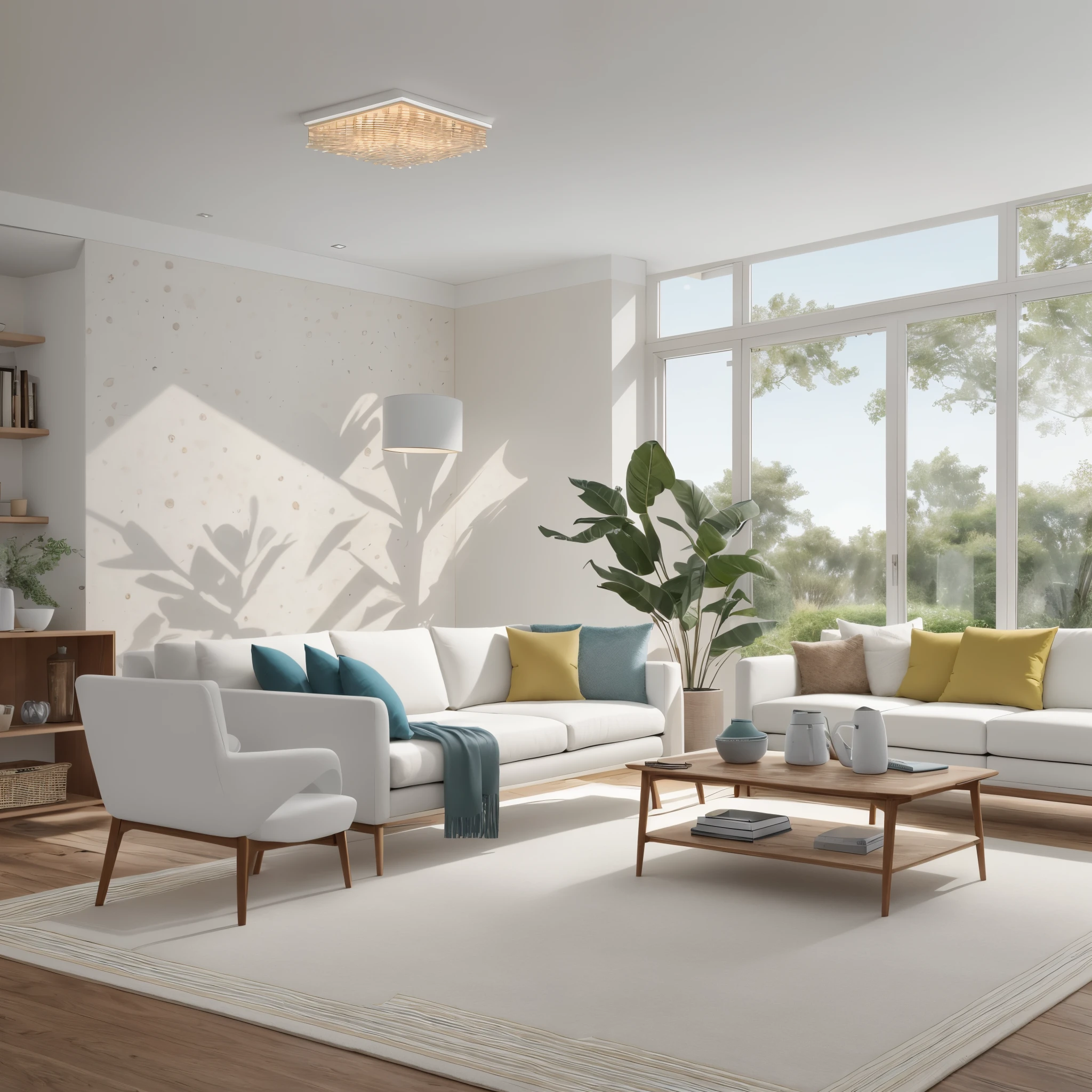 Beautiful modern living room，Cool White，（（（foster and partners，artist impression，artistic impression，Hamish MacDonald，Carey Morris，David Brewster，Higher detail illustration，Helen Berman，illustratio，A detailed illustration，Nick Fudge，Warren Mahi，artist impression））），Kitchen cabinet behind white sofa，There are few pictures on the wall， Linen curtains next to classroom windows，coffee table，carpets，ceiling with magnetic emissive lighting，White fabric PRB texture，wooden floor PRB texture，