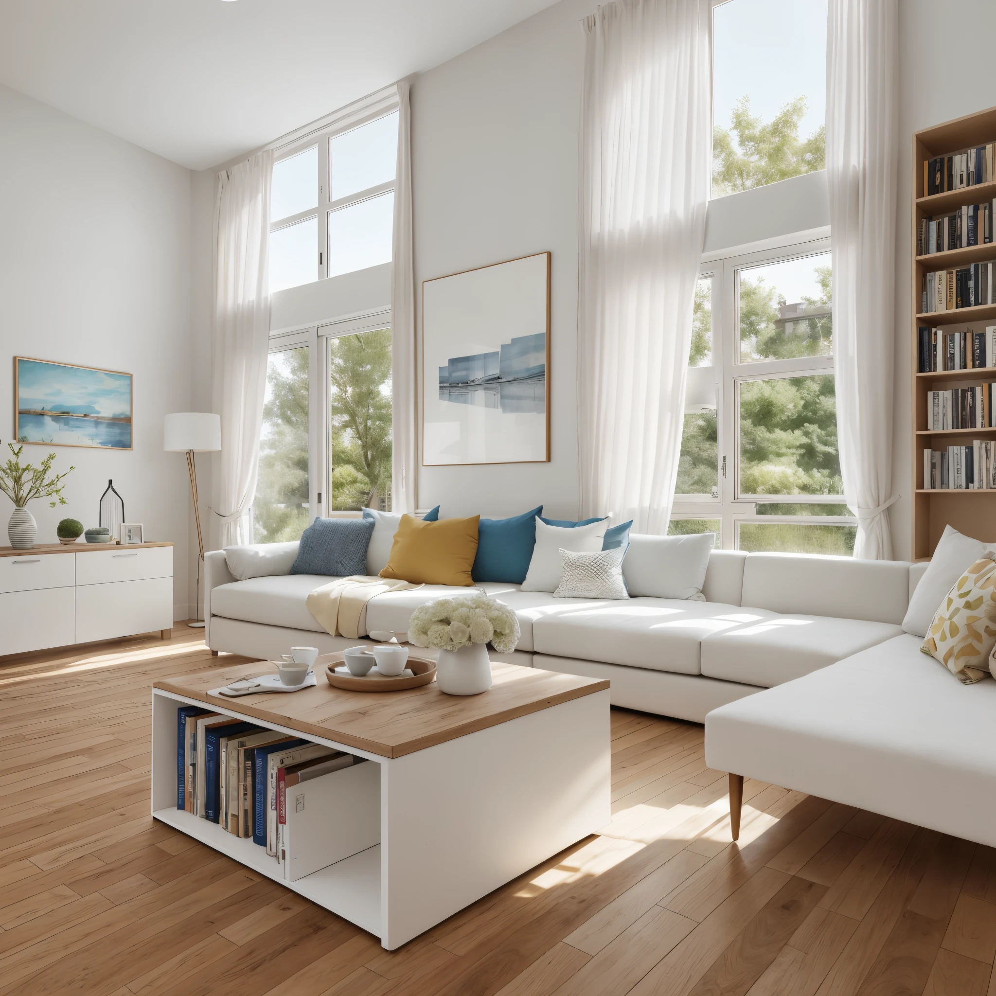 Beautiful modern living room,Cool White,(((foster and partners,artist impression,artistic impression,Hamish MacDonald,Carey Morris,David Brewster,Higher detail illustration,Helen Berman,illustratio,A detailed illustration,Nick Fudge,Warren Mahi,artist impression))),Kitchen cabinet behind white sofa,There are few pictures on the wall, Linen curtains next to classroom windows,coffee table,carpets,ceiling with magnetic emissive lighting,White fabric PRB texture,wooden floor PRB texture,