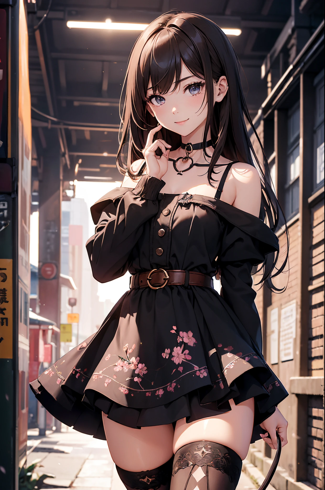 (Official art、Best Quality、Unity 8k Wallpapers、32K、masterpiece、ultra-detailliert、超A high resolution、realisitic、Photorealsitic:1.2)、(Cinematic lighting:1.2)、Fireglow effect、film grains、Best Shadows、Rim lighting、side lights、sideshot、(Ultra-detailed and complex 3D rendering)、Detailed beautiful face and eyes、A slender、Medium bust、(Full body:1.2)、 Highly detailed background、beauitful face、blurry backround、-yeld beiful girl、(super detailed skin、detailed skin textures:1.3)、chestnut bristles、Brown-eyed、Hip Hop Cable、off shoulders、Jumper skirt with cherry blossom pattern、Black stockings、(thighs thighs thighs thighs:0.8)、Cherry Boots、Morning city、gently smiling、a choker、dynamicposes、