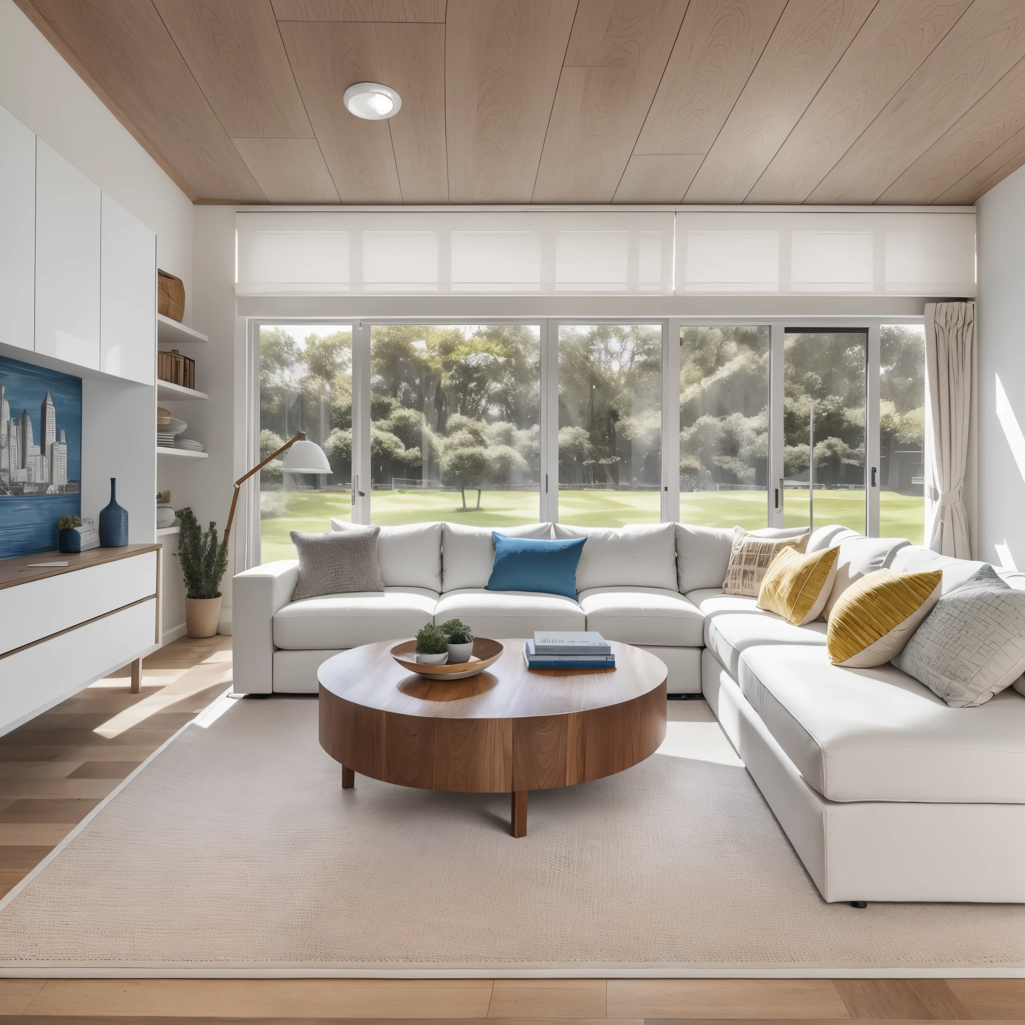 Beautiful modern living room,Cool White,(((foster and partners,artist impression,artistic impression,Hamish MacDonald,Carey Morris,David Brewster,Higher detail illustration,Helen Berman,illustratio,A detailed illustration,Nick Fudge,Warren Mahi,artist impression))),Kitchen cabinet behind white sofa,There are few pictures on the wall, Linen curtains next to classroom windows,coffee table,carpets,ceiling with magnetic emissive lighting,White fabric PRB texture,wooden floor PRB texture,