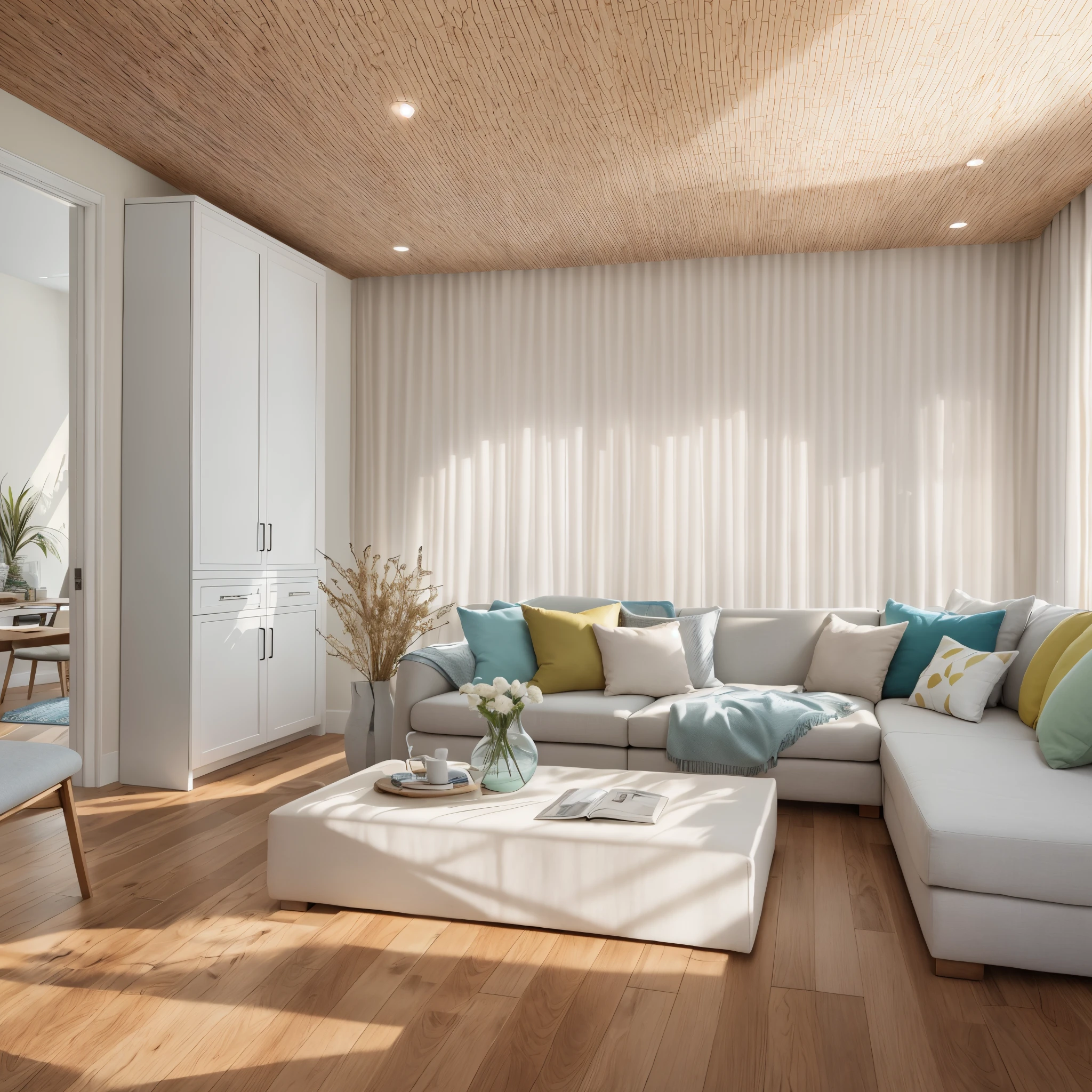 Beautiful modern living room，Cool White，（（（foster and partners，artist impression，artistic impression，Hamish MacDonald，Carey Morris，David Brewster，Higher detail illustration，Helen Berman，illustratio，A detailed illustration，Nick Fudge，Warren Mahi，artist impression））），Kitchen cabinet behind white sofa，There are few pictures on the wall， Linen curtains next to classroom windows，coffee table，carpets，ceiling with magnetic emissive lighting，White fabric PRB texture，wooden floor PRB texture，