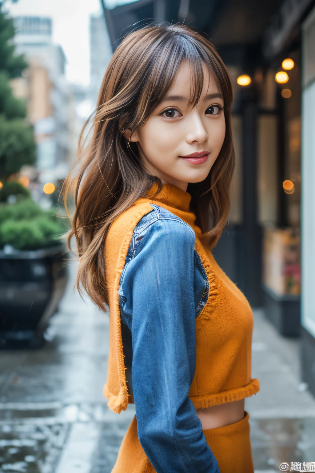 ((Best Quality,8K,masutepiece:1.3)), Sharp Focus:1.2, Beautiful woman perfect body:1.4, Slim abs:1.2, (Long hair,Straight hair:1.2), (dark orange long sleeve knit top), (Rain, Street:1.2), Wet body:1.5, Three-dimensional texture, Detailed eyes, Brown hair, Very shiny hair, Back view, Improving hair quality, Beautiful eyes, Bangs、denim fur vest