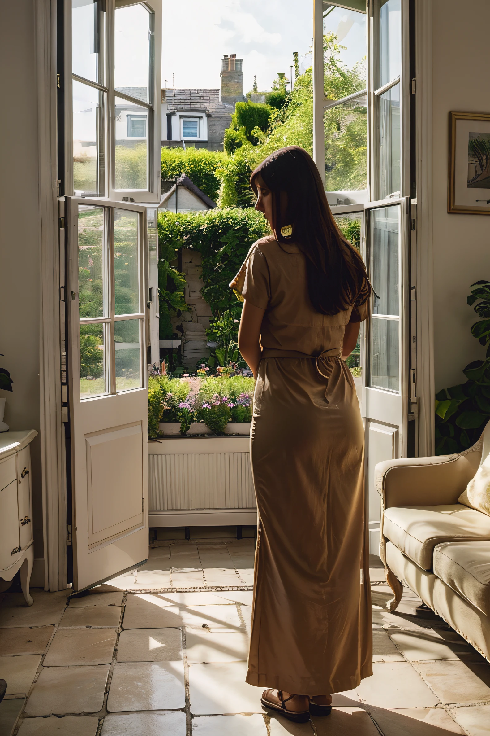woman from behind in her living room 3 bay windows with garden and bulding in front of gardens