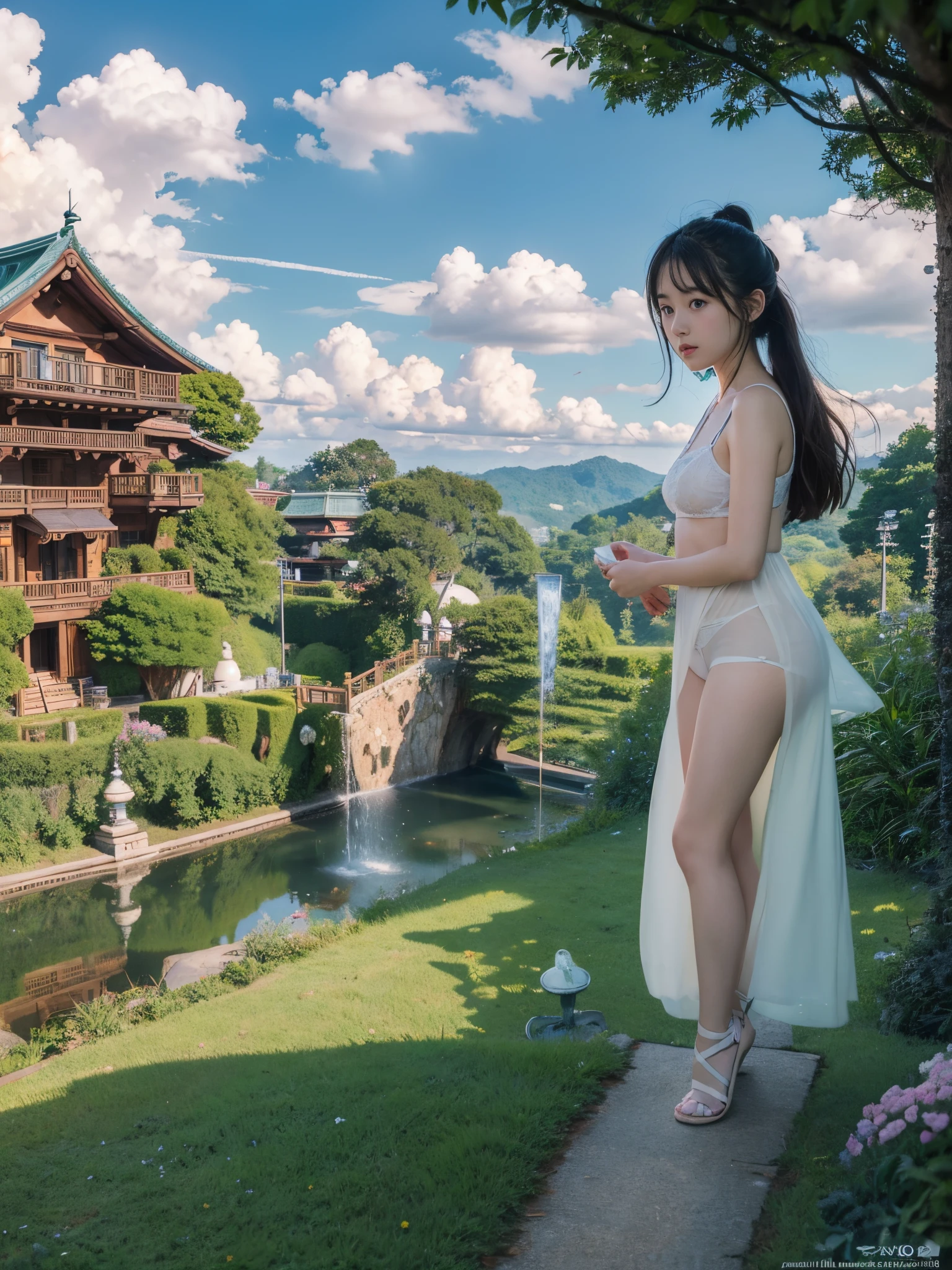 (Raw photo:1.2), (Photorealistic), Beautiful detailed girl, Very detailed eyes and face, Beautiful detailed eyes, Huge file size, High resolution, Very detailed, Best Quality, [masutepiece:1.6], Illustration, Very detailed, Fine detail, Best Quality, 8K Wallpaper, Movie Lighting, girl of the Ghibli world In underwear, detailed underwear, Ghibli style bra, Ghibli style panties, beautiful face, detailed eyes, Ghibli's view in Ghibli mountain, A symbol of power that materializes at her feet, detailed eyes, detailed face, Ghibli's Worldview, beautiful eyes, sky like Ghibli style