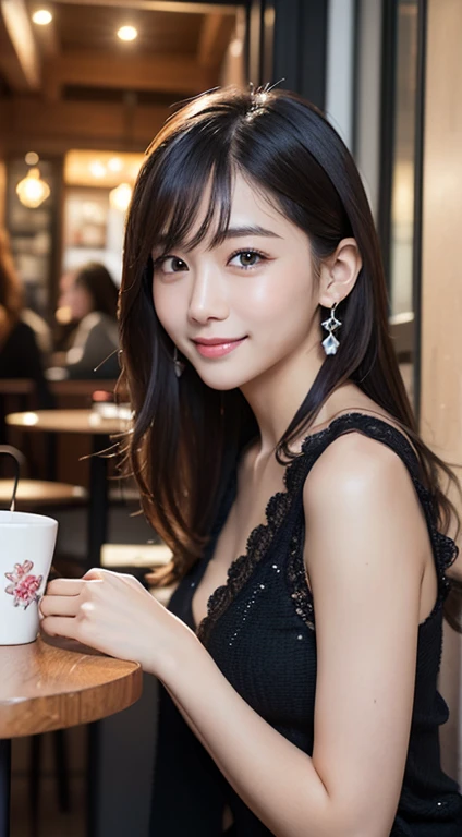 masutepiece, Best Quality, Illustration, Ultra-detailed, Full body、finely detail, hight resolution, 8K Wallpaper, Perfect dynamic composition, Beautiful detailed eyes, Women's Fashion Winter,Bob Hair, Natural Color Lip, Bold sexy poses,Smile,Harajuku、younggirl、Cute、Sexy shot looking at camera、cafes