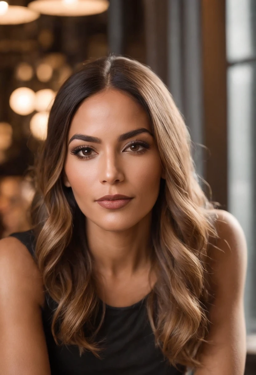 A photo of Sienna sitting at a trendy coffee shop, surrounded by a group of aspiring entrepreneurs,original,Sienna James, a glamorous icon who first entered the public eye through a sensational scandal, now shines as a global sensation and a social media mogul. Her appearance is the epitome of high fashion and allure, with long, flowing ebony hair, a striking, meticulously crafted visage, and a wardrobe filled with the latest designer trends.