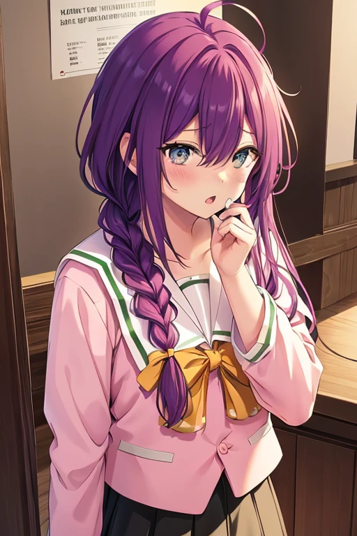 long hair, mole under mouth, purple hair, single braid, hair between eyes, aqua eyes, sharp teeth, ahoge, 1girl, blush, absurdres, highres, ultra detailed, 8k, anime keyvisual, solo, :o, raised eyebrows, pnkserafuku,