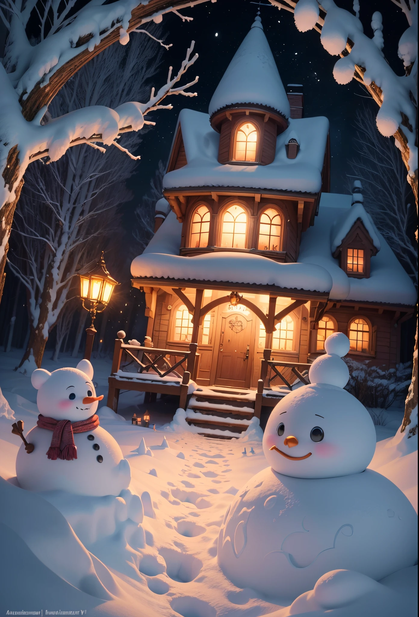 (best quality,4k,8k,highres,masterpiece:1.2),ultra-detailed,(realistic,photorealistic,photo-realistic:1.37),snow art,snow village,snow sculpture,building snowman,snow sculpture making,kids playing joyfully in the snow,Sergei Zabelin,fairy-tale-like beautiful rendering,Alexey Vinezianov,romantic storybook fantasy,adorable 3D rendering,Andrei Goryaev,Disney-style art,by Xi,winter night,in a whimsical fairy forest,winter scene fantasy.