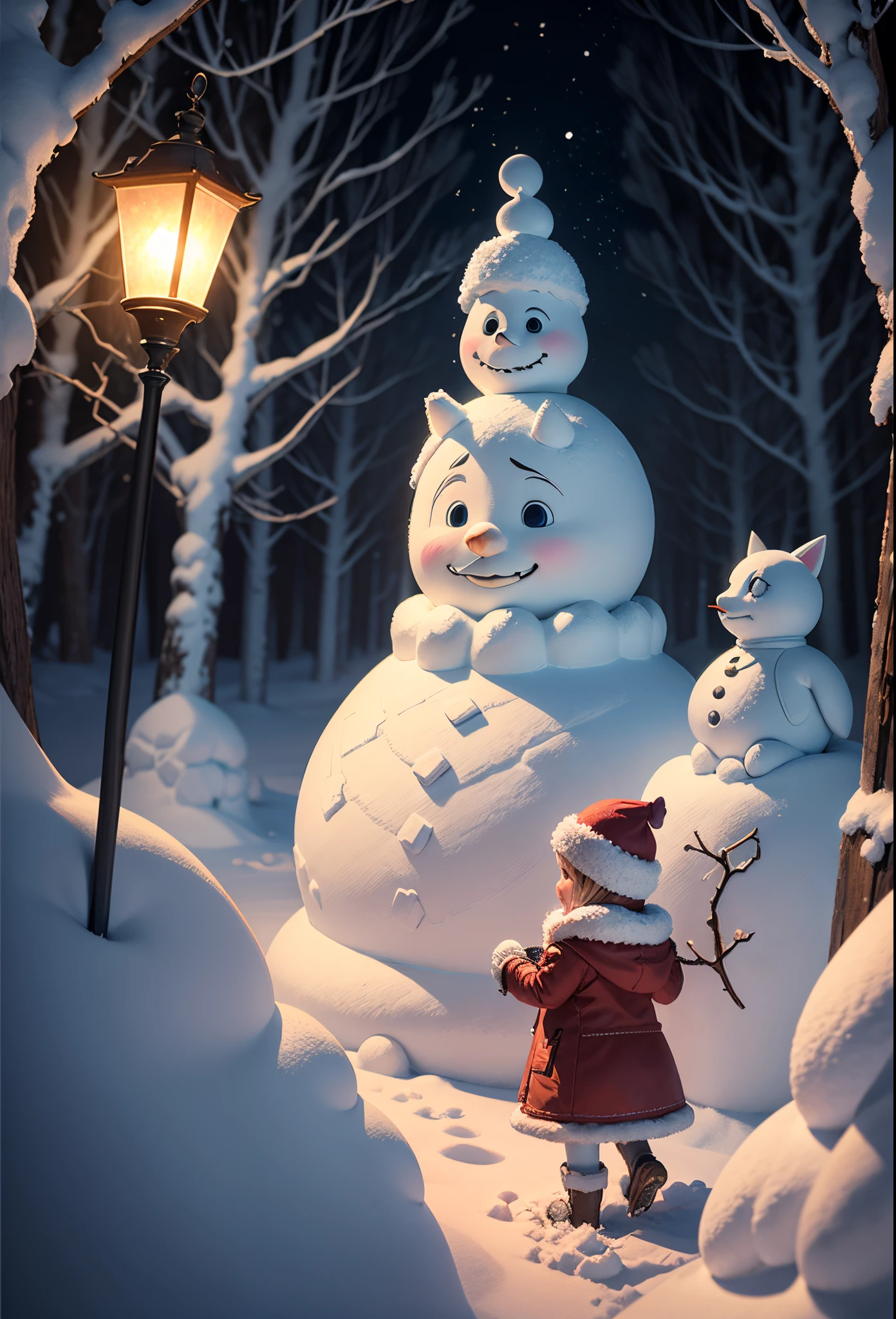 snow sculpture art,snow sculpture castle,Make a snowman,Make sculptures from snow,Children playing happily in the snow,the night,lamplight,sergey zabelin, beautiful render of a fairytale, author:Alexei Venezyanov, romantic storybook fantasy, Cute 3d rendering, andrey gordeev, art in the style of disney, Yuki, Winter nights, in a whimsical fairytale forest, fantasia de cena de inverno