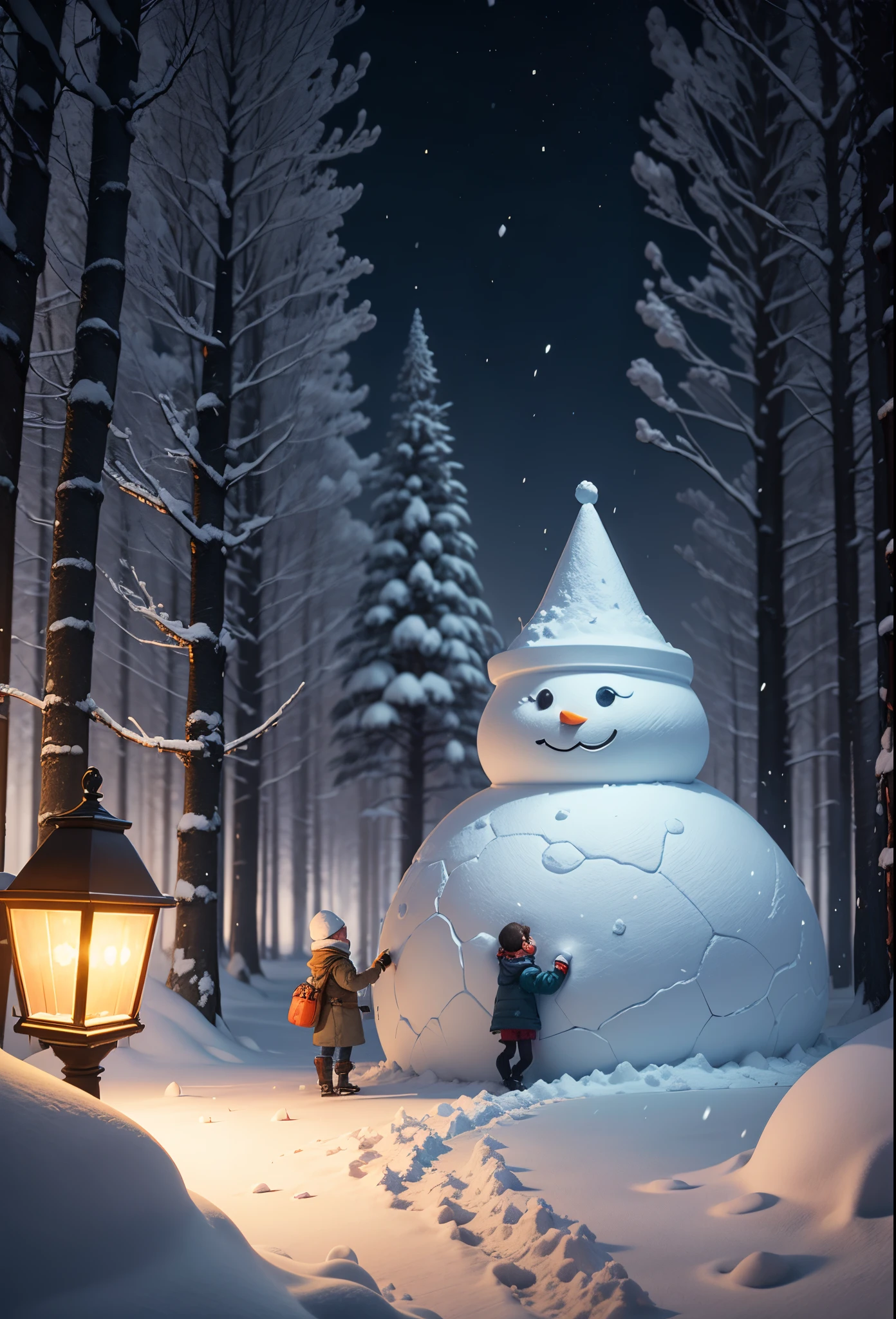 snow sculpture art,snow sculpture castle,Make a snowman,Make sculptures from snow,Children playing happily in the snow,the night,lamplight,sergey zabelin, beautiful render of a fairytale, author:Alexei Venezyanov, romantic storybook fantasy, Cute 3d rendering, andrey gordeev, art in the style of disney, Yuki, Winter nights, in a whimsical fairytale forest, fantasia de cena de inverno