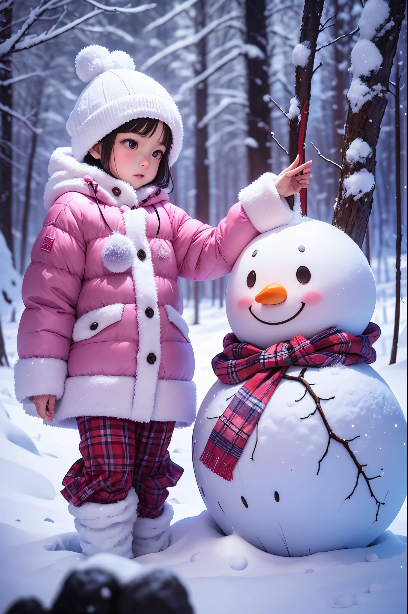 5--old l happily builds snowman,snowflower,at winter season,Thick snow,footprints,Colorful,Dreamy,in pink,((Best quality at best)), ((tmasterpiece)), Enhanced dynamic viewing angle,,flowers in full bloom,Cottage in the woods,glowing effect,ultra - detailed,Works of masters,high high quality,8K分辨率,depth of fields,电影灯光,epic shooting,high high quality,ultra - detailed,Detailed pubic hair,Accurate,电影灯光