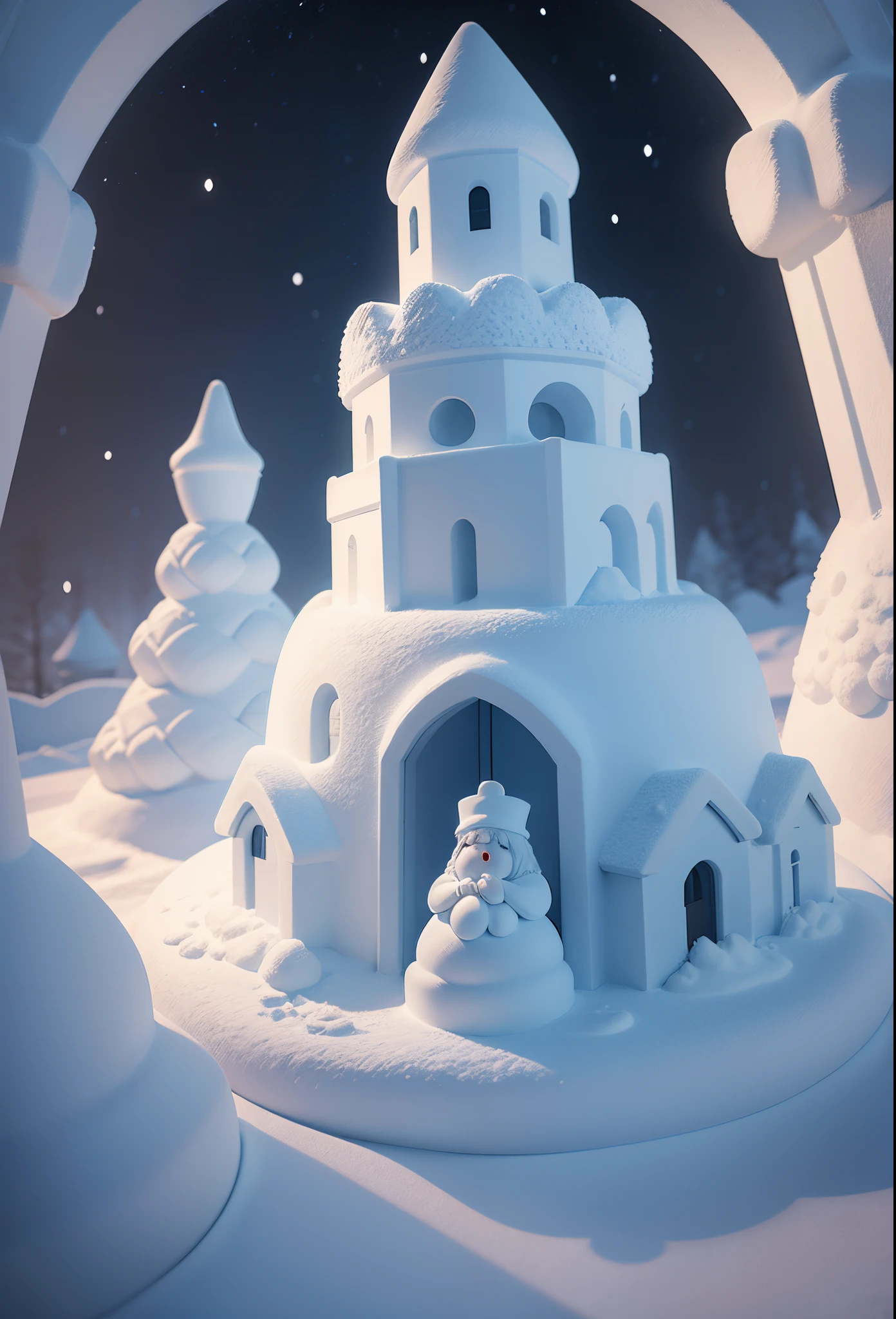 snow sculpture art，Snow town，snow sculpture castle，Make a snowman，Make sculptures from snow，Children playing happily in the snow，sergey zabelin, beautiful render of a fairytale, author：Alexei Venezyanov, romantic storybook fantasy, Cute 3d rendering, andrey gordeev, art in the style of disney, Yuki, Winter nights, in a whimsical fairytale forest, fantasia de cena de inverno