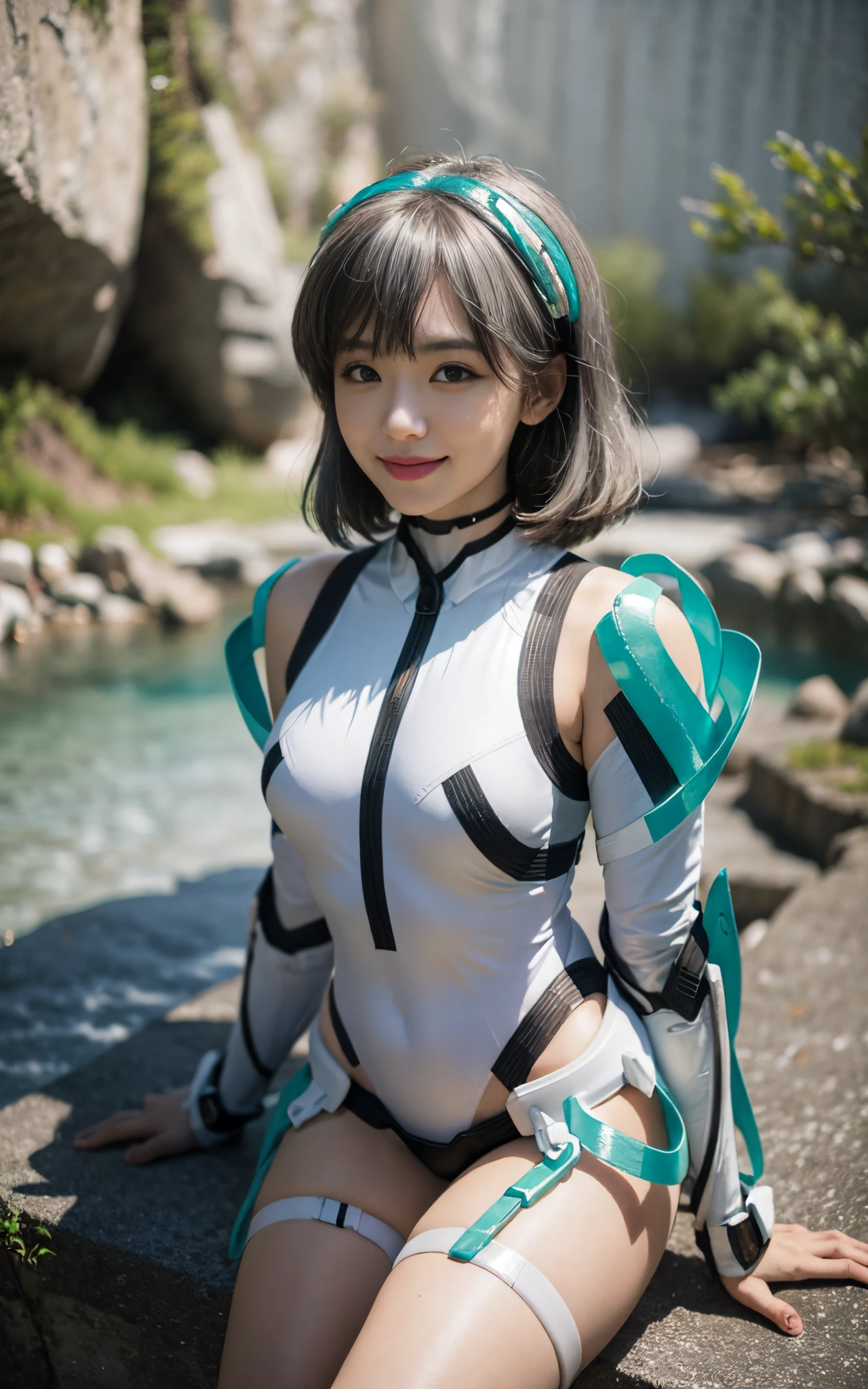 lightsmile, deva battle suit, Outdoors, Silver hair, bobhair, Blue eyes, waist shot
