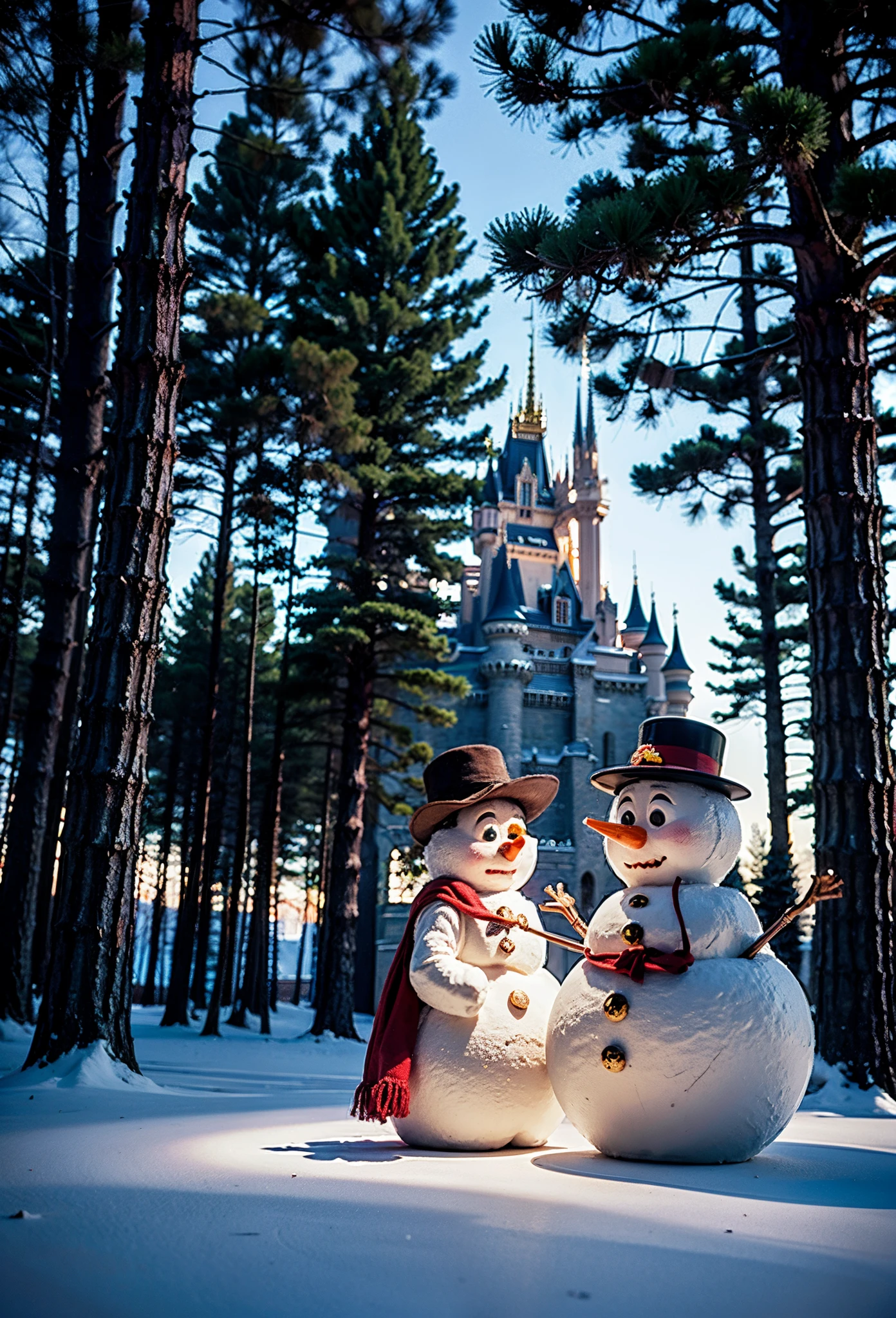 Two snowmen stand in front of the castle, sergey zabelin, beautiful render of a fairytale, author：Alexei Venezyanov, romantic storybook fantasy, Cute 3d rendering, andrey gordeev, art in the style of disney, Yuki, Winters, in a whimsical fairytale forest, fantasia de cena de inverno