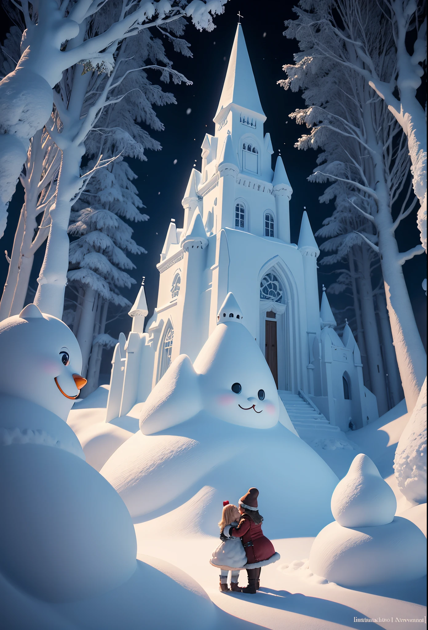 Two snowmen stand in front of the castle, sergey zabelin, beautiful render of a fairytale, author：Alexei Venezyanov, romantic storybook fantasy, Cute 3d rendering, andrey gordeev, art in the style of disney, Yuki, Winters, in a whimsical fairytale forest, fantasia de cena de inverno