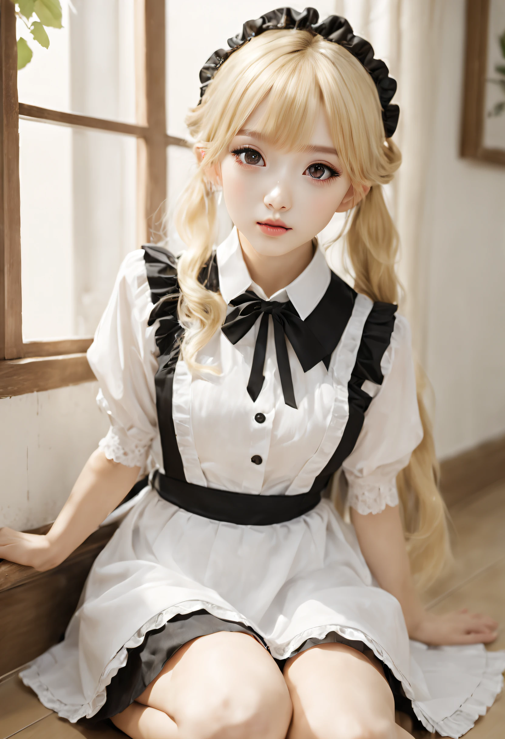 beautiful asian maid girl、image of sitting on the floor、Facial features include double eyes、Semi-long hairstyles、Hair color: Blonde、photos realistic、Kawaii Girl、slender、