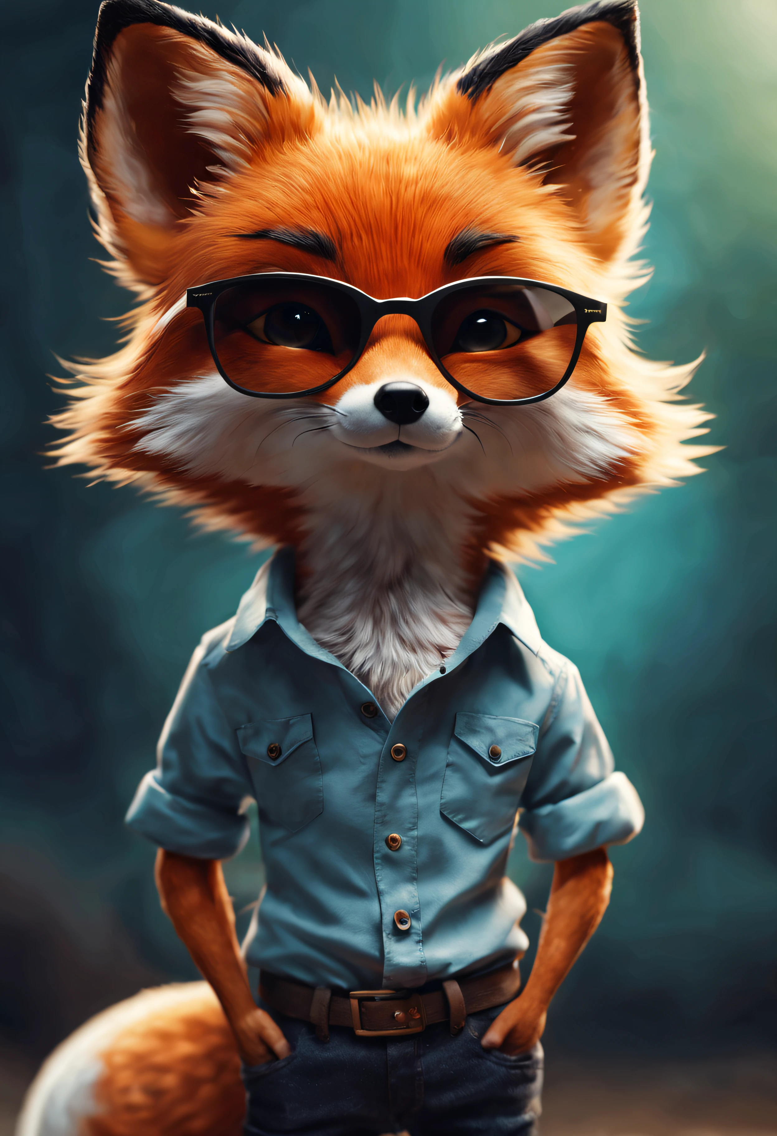 Perfect centering, cute little fox, Wear shirt, wears dark glasses, cheerful, stand posture, abstract beauty, at centre, facing at the camera, nearing perfection, dynamic, The is very detailed, smooth private parts, Focus sharp, 8K