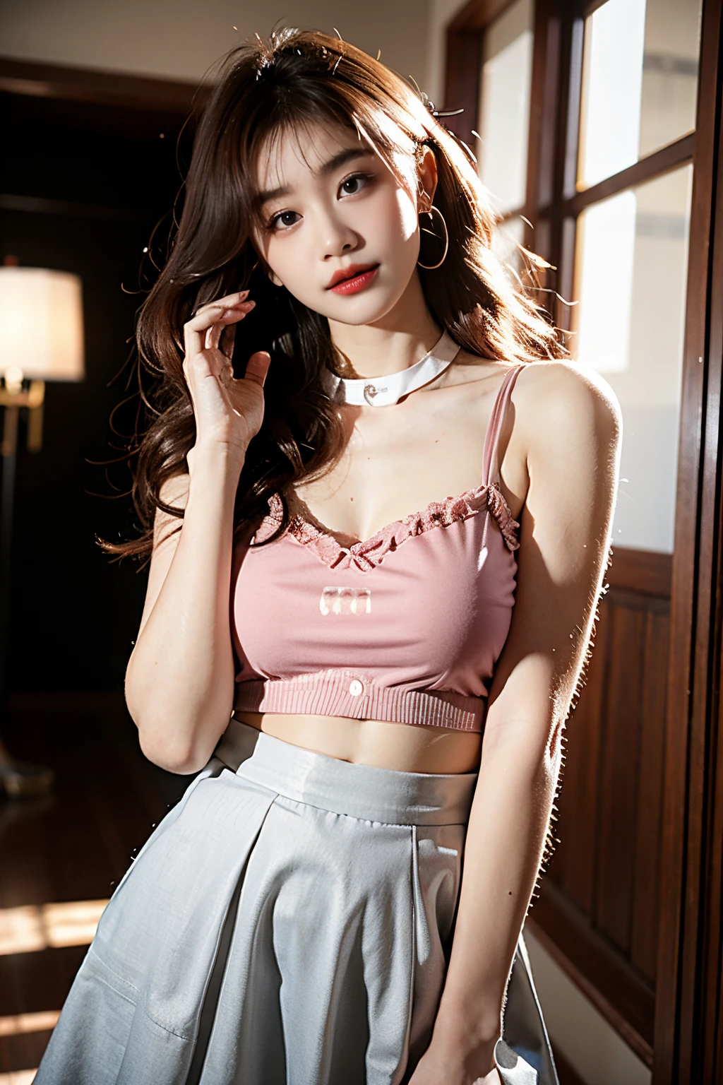 1个Giant Breast Girl,18yr old,Pure face,curlies,Burgundy hair,gentlesoftlighting,8K,a skirt,
