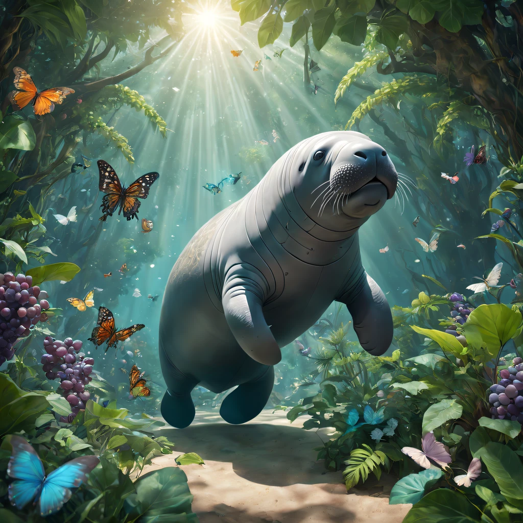 Futuristic ethereal manatee，Sci-fi butterflies，future manatee，manatee，Futuristic jungle background，tmasterpiece，（Very detailed CG unified 8k wallpaper），（Best quality），（Best Best Illustration），（The best shadow），The background is a forest theme，With natural elements，flowers blooming，warm color palette，Surrounded by delicate leaves and branches，rays of sunshine，（nature elements），（Jungle theme），（leafs），grape trees，manatee，（exquisite leaves），（particle effect），isometric 3D，Rendered by Octane， ray traycing，ultra - detailed