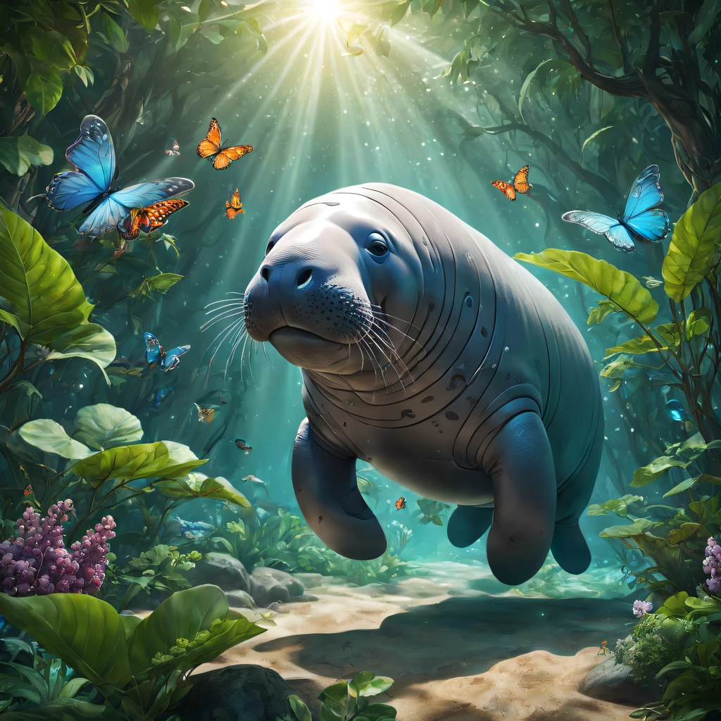 Futuristic ethereal manatee，Sci-fi butterflies，future manatee，manatee，Futuristic jungle background，tmasterpiece，（Very detailed CG unified 8k wallpaper），（Best quality），（Best Best Illustration），（The best shadow），The background is a forest theme，With natural elements，flowers blooming，warm color palette，Surrounded by delicate leaves and branches，rays of sunshine，（nature elements），（Jungle theme），（leafs），grape trees，manatee，（exquisite leaves），（particle effect），isometric 3D，Rendered by Octane， ray traycing，ultra - detailed