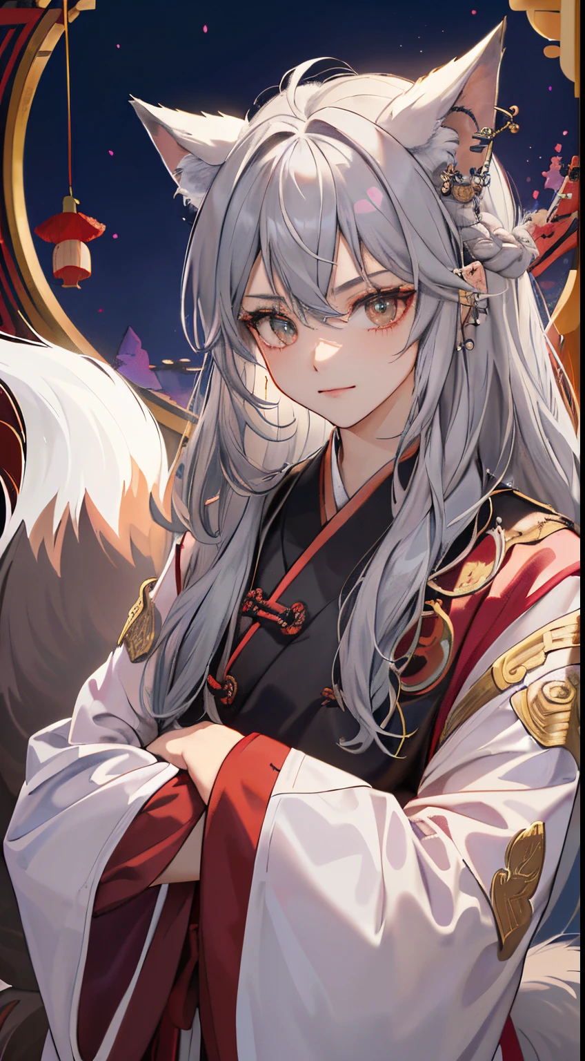(Best Quality、8K,absurderes,highest grade,Portrait,long hair with gray hair、Piercing、Kyuubi has fox ears and a tail..........、Ancient Chinese robes have delicate decorations, beautiful and cool women、Arms crossed、Dark fantasy world.....、dark autumn night background、Staring at the camera with a mischievous expression、