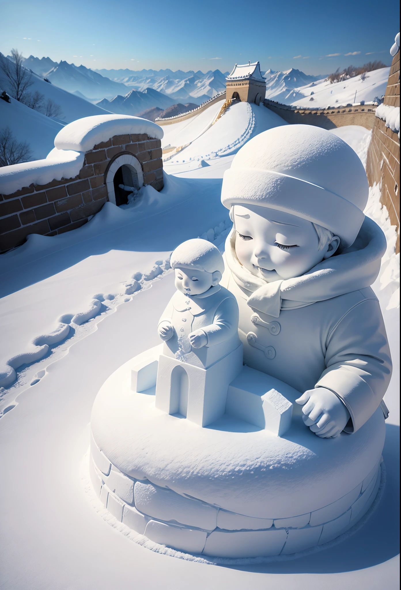 snow sculpture art,Snow Sculpture of the Great Wall of China,yukito,Make sculptures from snow,Children playing happily in the snow