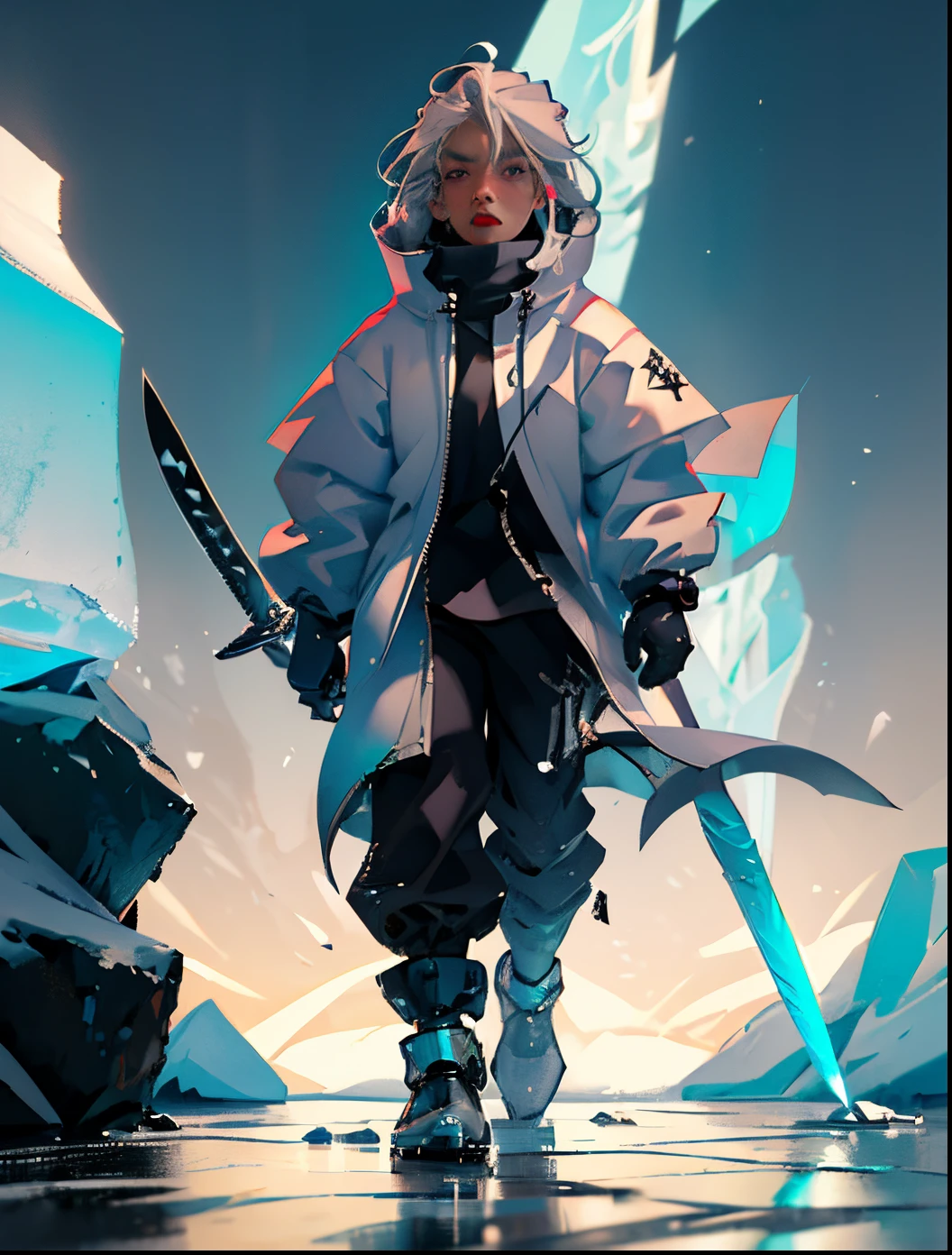 Long gray hair,White hoodie,Black pants,muffler covered in ice,Sword Clothed in Ice,male ,feminine look,Tall,chill out,cool expression,icy