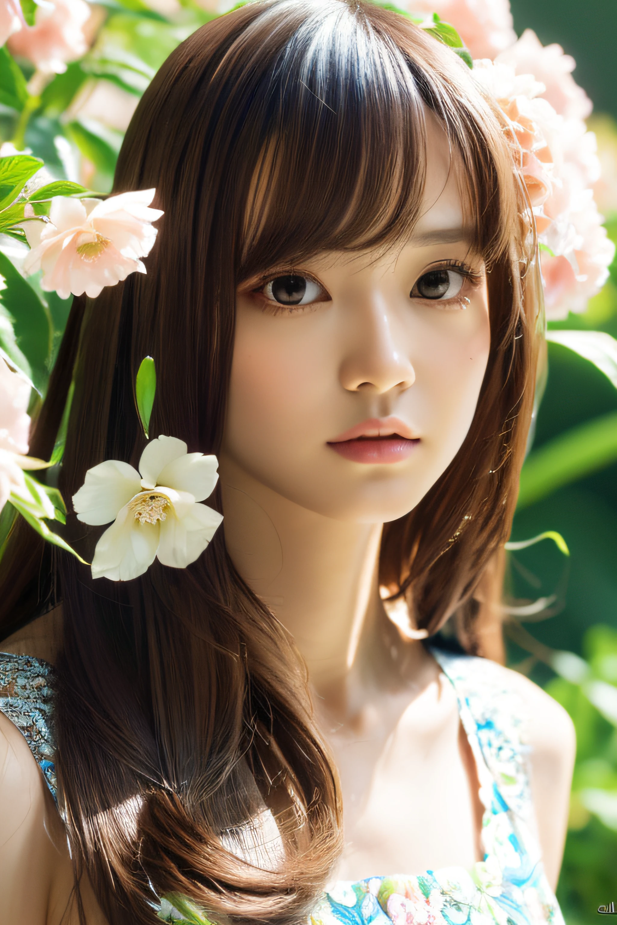 (masutepiece, Best Quality:1.4)Best Quality, high detailing, (Detailed face), Detailed eyes, (Beautiful, Aesthetic, Perfect, Delicate, Convoluted:1.0),1 girl, kawaii, Very long hair, Soft ((Glossy eyes)), brilliance, Flowers, Nature