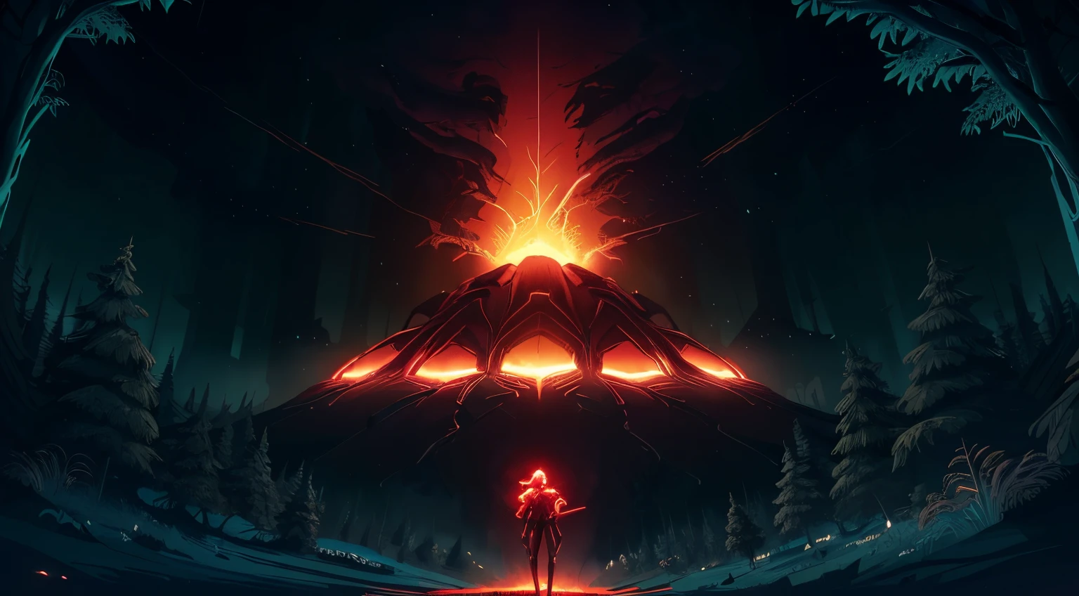 the night vision view of an orange-red fire and a green sky, no humans, nature, tree, forest, background artwork, background art, keyframe illustration, dark high-contrast concept art, flares anamorphic, jen bartel, 2d cinematic, keyframe, firey environment, cutscene footage, animated film still, animation still, cinematic keyframe, loish |, neon glow concept art