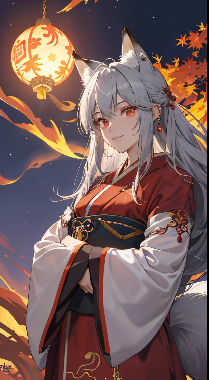 (Best Quality、8K,absurderes,highest grade,Portrait,long hair with gray hair、Piercing、Kyuubi has fox ears and a tail.........、Ancient Chinese robes have delicate decorations, beautiful and cool women、Arms crossed、Dark fantasy world.....、dark autumn night background、Staring at the camera with a mischievous expression、