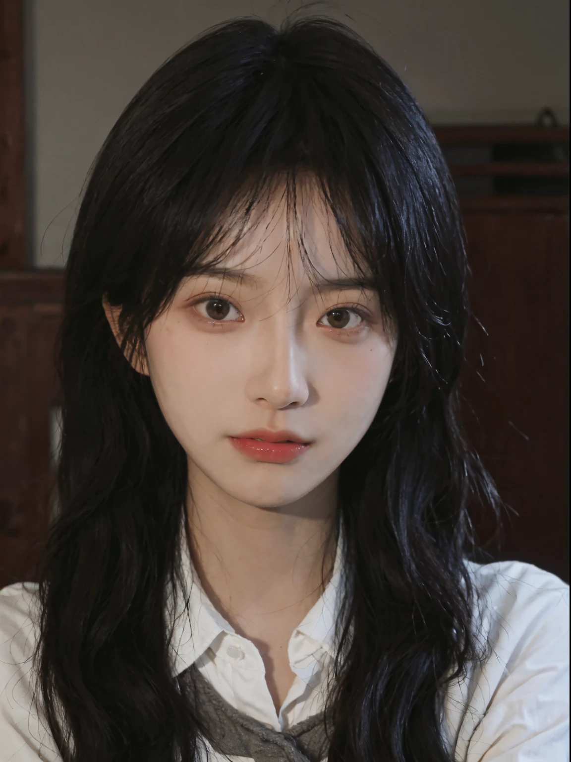 Best quality, 超高分辨率, (realistically:1.4), A woman with long black hair and a gray sweater, The middle view is, JK school uniform,under a ray of sunshine,She has black hair,through bangs, young lovely Korean faces, Cute Korean face, Urzans, Shin Jinying, beautiful aesthetic face, Korean facial features, Played by Liu Li Zhien ,beautiful realistic face