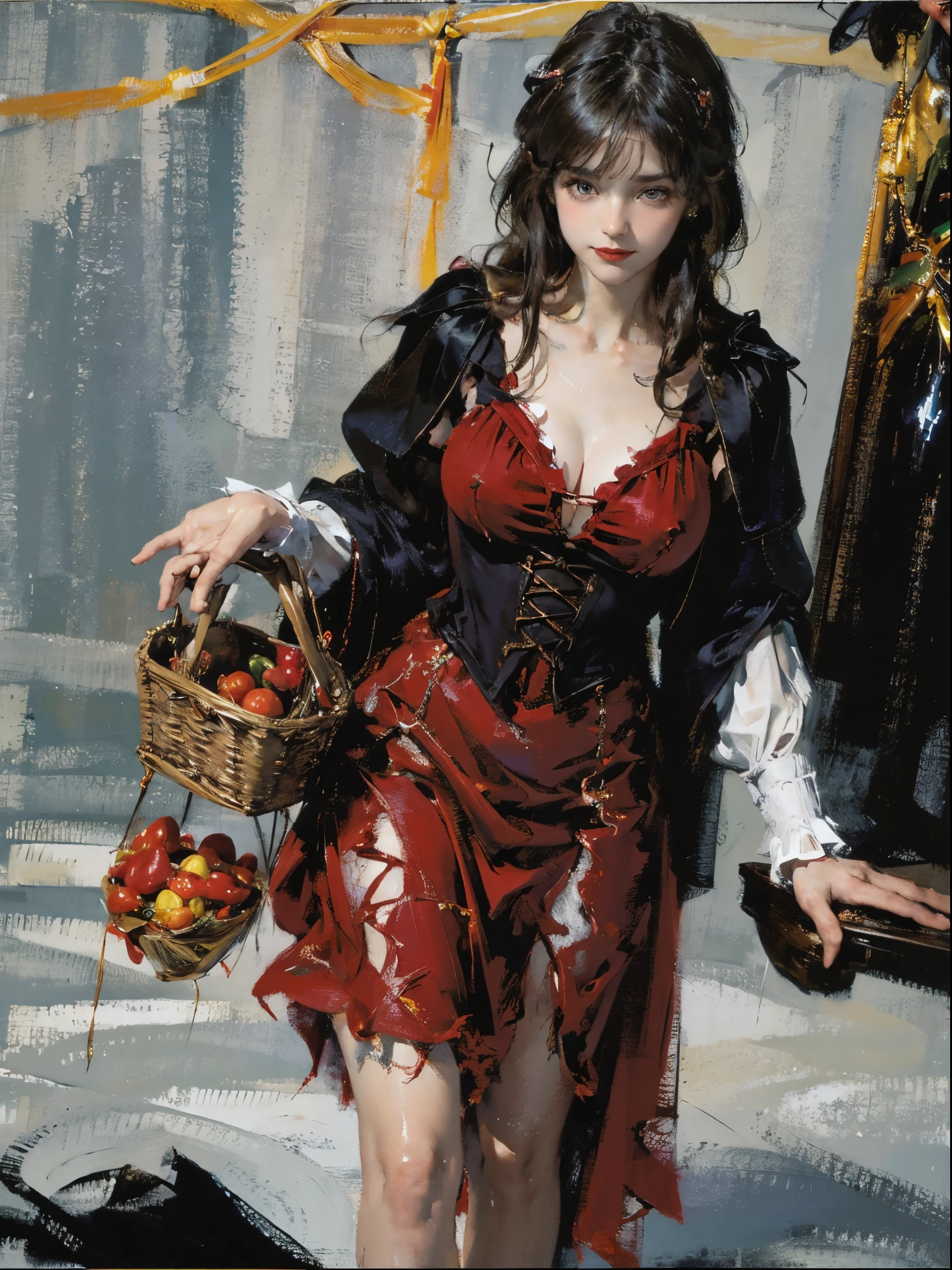 (absurderes,A high resolution,super detailing),Beauty and the Beast,Little Red Riding Hood and the Big Bad Wolf,(1girll),(1 giant tundra wolf),red capelet,red red hood,laced dress,redhood, capes, Big breasts corset, a skirt, reddress,Carrying a basket of fruits,Candy House,ln the forest,the dark forest,Chalet in the woods,exteriors,natural lightting, Glass jars filled with candy, Whimsical decoration, Sugar carving, 8K, k hd, 详细的脸, 詳細な目,hyper realisitc, + Cinema lenses + dynamic compositions, Huge beasts,Mature female figure, slim toned body,mediuml breasts,Sweated,Wet hair,(very delicate beautiful),Contour deepening, realistically, Precise geometry, Complicated details, Smiling,From the bottom up,petite underwear,Generous bathrobe, Close-up cleavage,Charming and sexy legs,((Sexual suggestiveness)),seductiv,(post-Impressionist),,(Fechin Oil Painting - Fechin Oil Painting , oil painted), 0