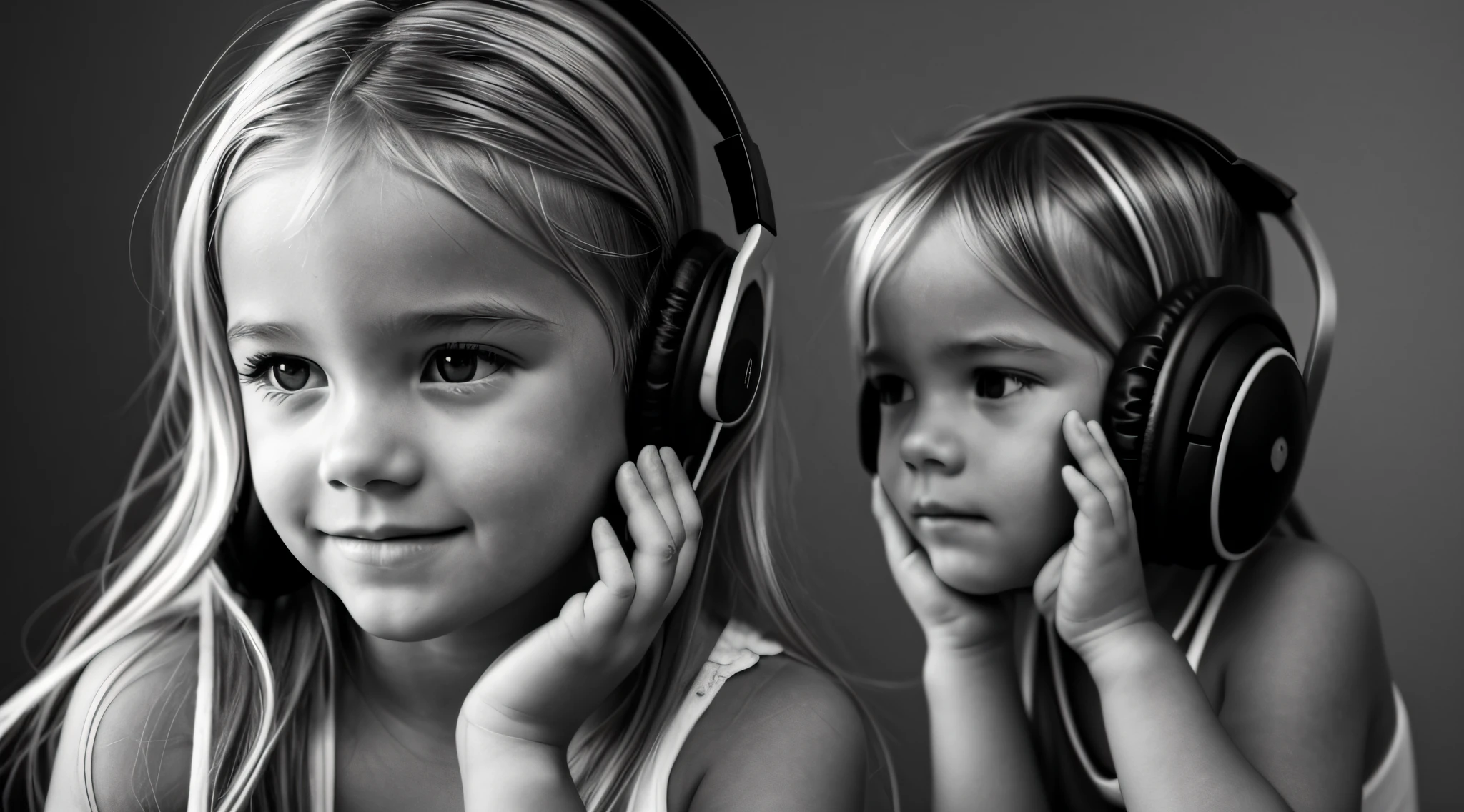 uma foto em black and white de uma CHILD blonde cabelos longos with headphones, with hands on face, Samara Tecelagem, BACKGROUND FIRE, FOGO, FLAMME, FIRE. gorgeous female.
