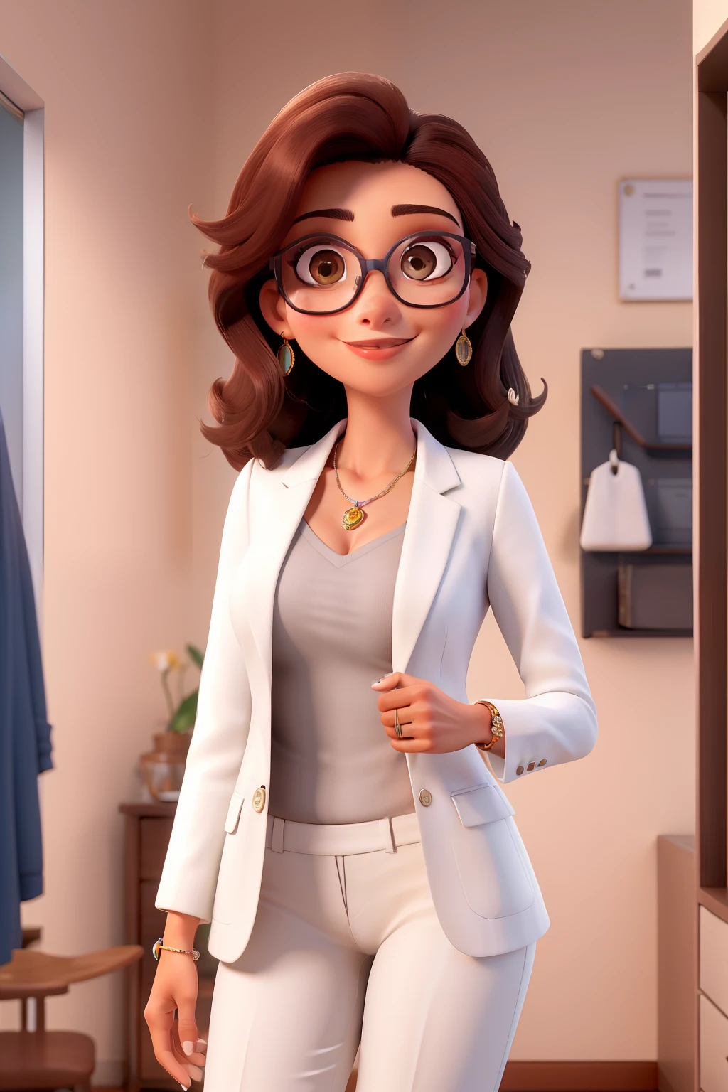 Obra-prima, de melhor qualidade, de uma morena de aproximadamente 25 anos com os cabelos bem cacheados ruivo iluminado, piercing no nariz, prescription glasses in transparent frames, in a white blazer and two tweezers in his hand with eyelashes, In a studio of aesthetics.