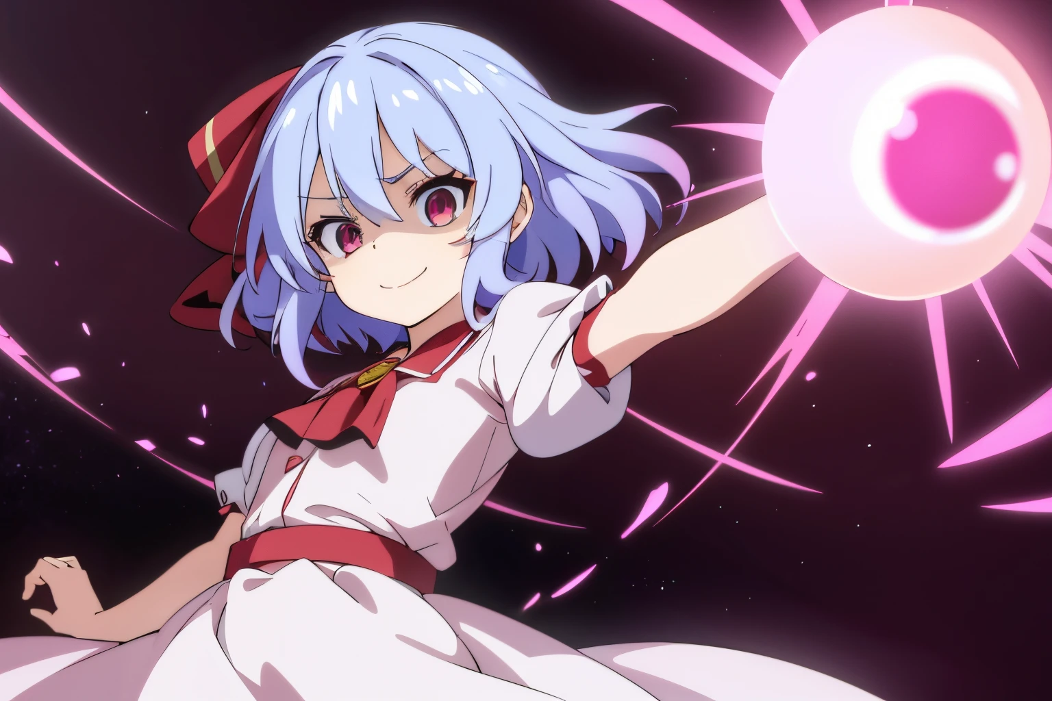 Anime style、Best Quality, 1girl in, Solo, (Remilia Scarlett staring at the camera)、From upper body up、美丽的面容、Aggressive smile、((Short sleeves))、Petite、childish、White dress style shirt、is standing