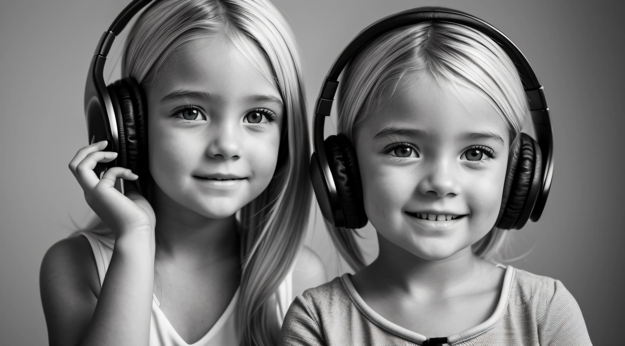 uma foto em black and white de uma CHILD blonde FIREHEAD cabelos longos with headphones, with hands on face, Samara Tecelagem,. gorgeous female.