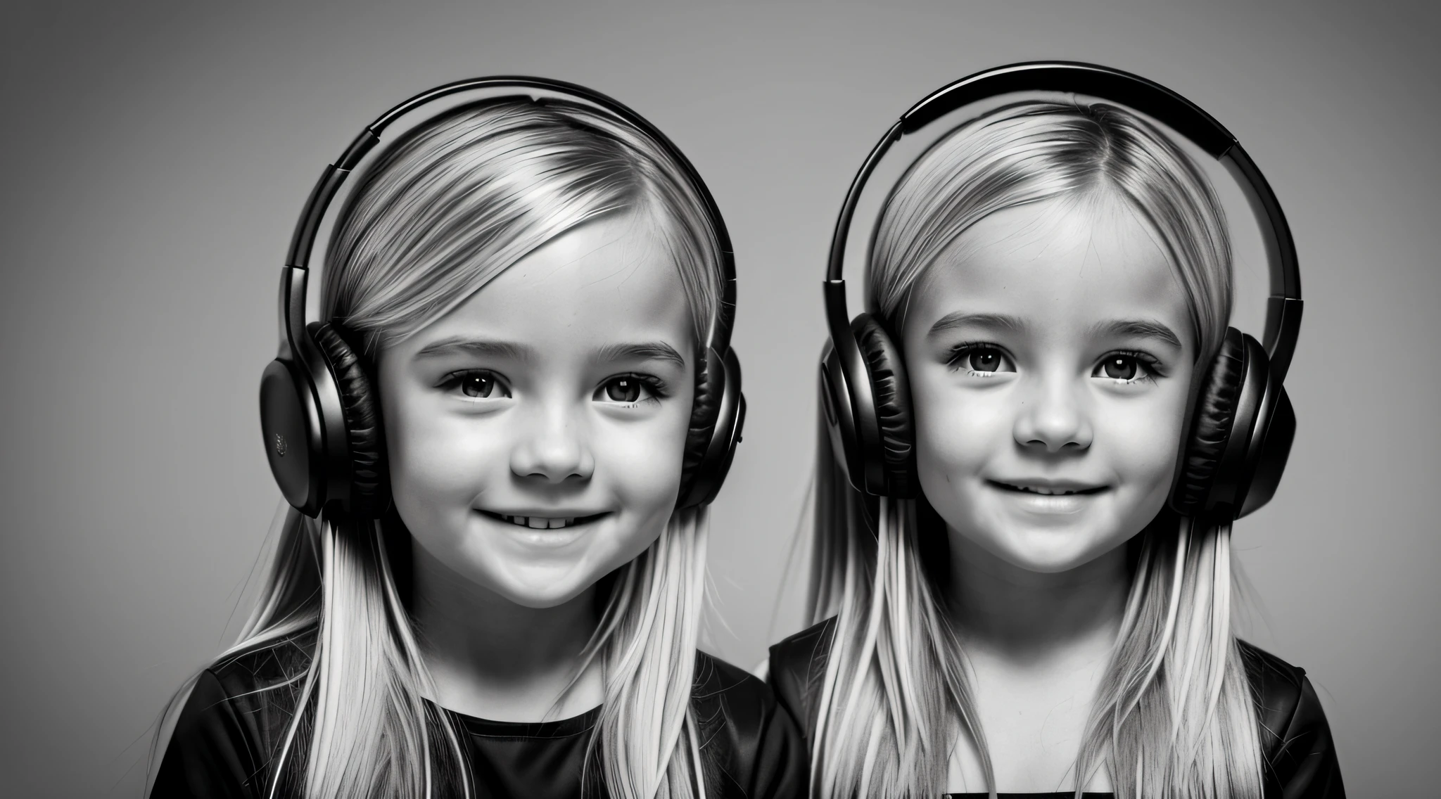 uma foto em black and white de uma CHILD blonde FIREHEAD cabelos longos with headphones, with hands on face, Samara Tecelagem,. gorgeous female.