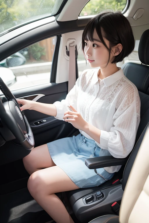 24 year old、graduate student、girl with、Faceless、passenger seat、White Seats、Right-hand drive。Shorthair