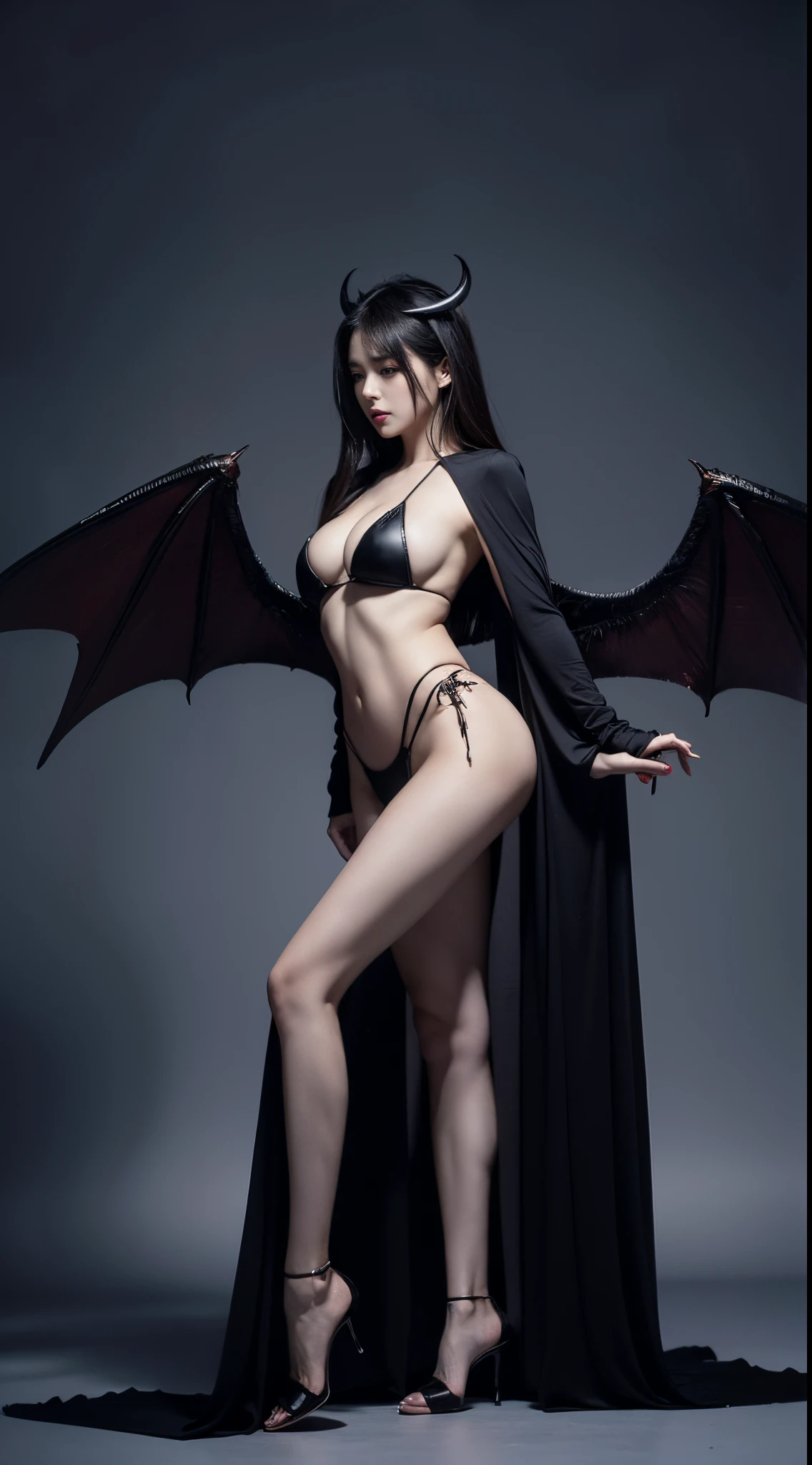 tmasterpiece, Best quality at best, (actual, realistically:1.37), 8K, Extremely Delicately Beautiful, Amazing cleavage, Detailed pubic hair, offcial art, Huang Li, Extremely ridiculous, hugefilesize, ultra - detailed, The content is very detailed,(Realistic skin), Beautiful and delicate girl, 1 plump girl, (perfect women figure),The abdomen is elongated,mediuml breasts,full body pov,A demon girl, depth of fields, HighDynamicRange, The content is very detailed, Ray traching, Full body lesbian, dark fantacy, Archdemon Wings, demon tail, devils'points, Demon Tatus, Sexy girl pose,Side view