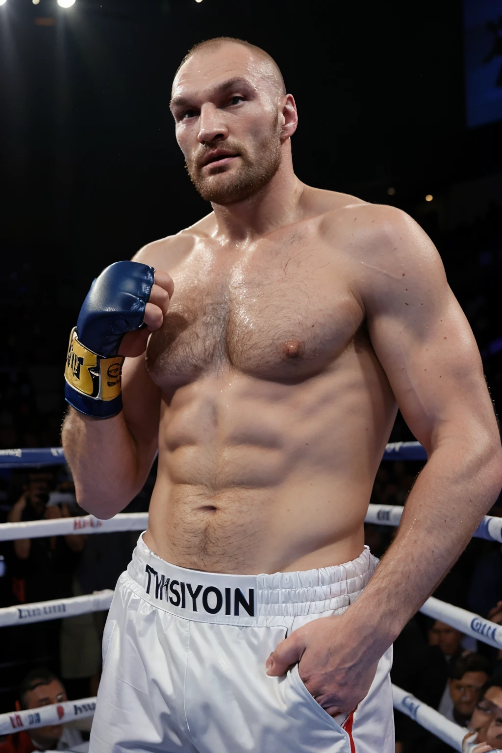 Tyson Fury regarde la caméra, sur un ring de boxe, super réaliste, résolution élevée