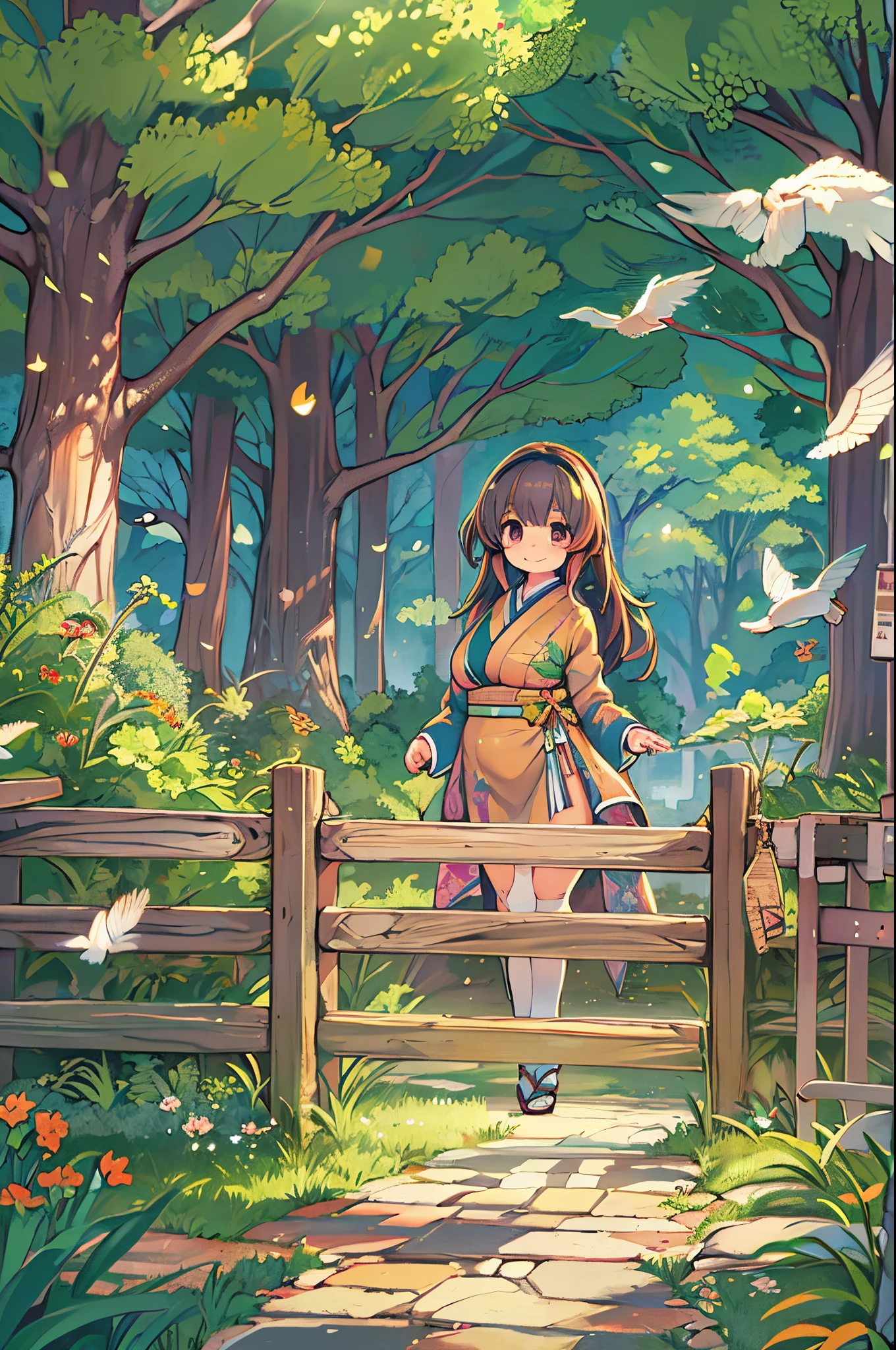 huge-breasted、kawaii、8  girl、A big smile、bbw、thick thight、big butts、Ultramammy,Chibi, autumn day,kaede、 Pines, Anime Background Art, japanese art style, beautiful anime scene, detailed scenery - width 672, Background art, Anime landscapes, Anime Background, Beautiful anime scenery, Beautiful peace scenes in anime, landscape artwork,In the forest、with parakeet、parakeet、Green bird