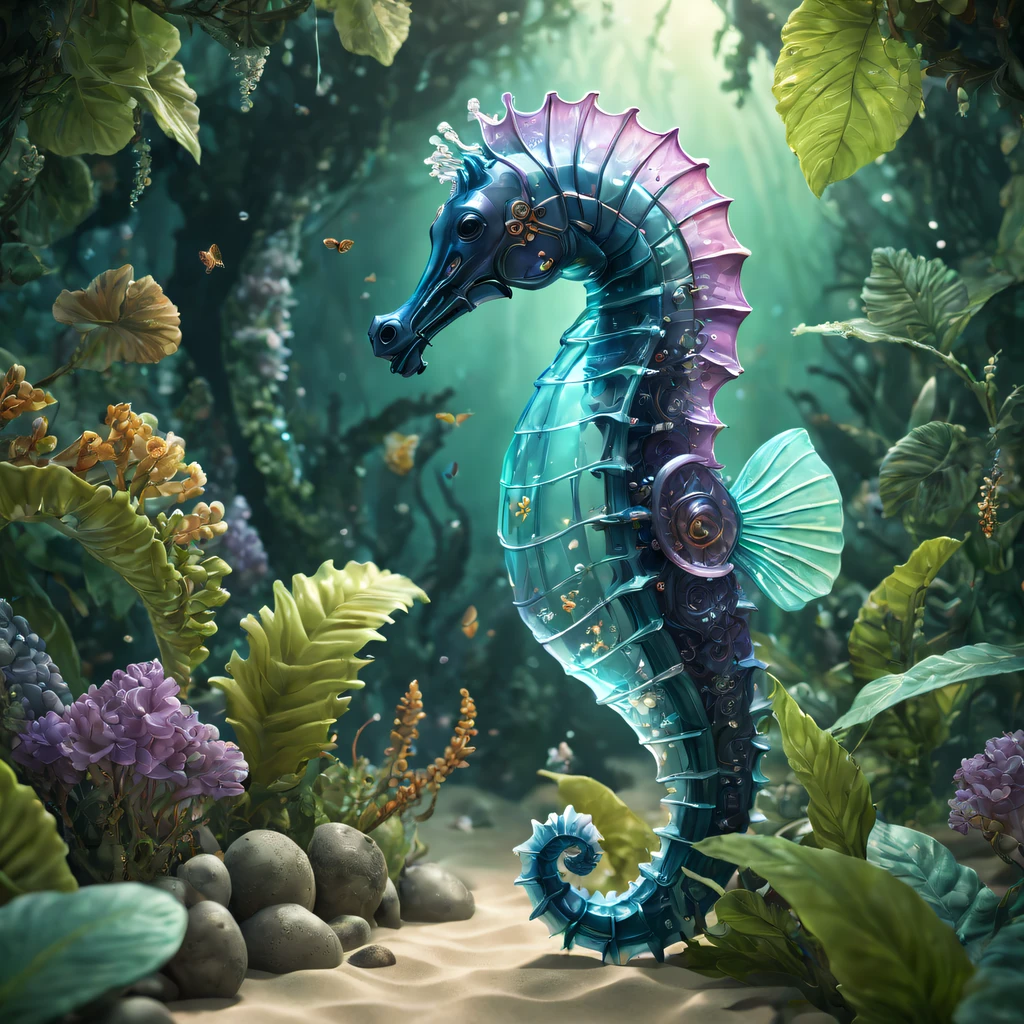 Futuristic ethereal seahorse，Sci-fi butterflies，future seahorse，sea horse，Futuristic jungle background，tmasterpiece，（Very detailed CG unified 8k wallpaper），（Best quality at best），（Best Best Illustration），（The best shadow），The background is a forest theme，With natural elements，flowers blooming，warm color palette，surrounded by exquisite leaves and branches，rays of sunshine，（nature elements），（Jungle theme），（leafs），grape trees，manatee，（exquisite leaves），（particle effect），isometric 3D，Rendered by Octane， Ray traching，ultra - detailed