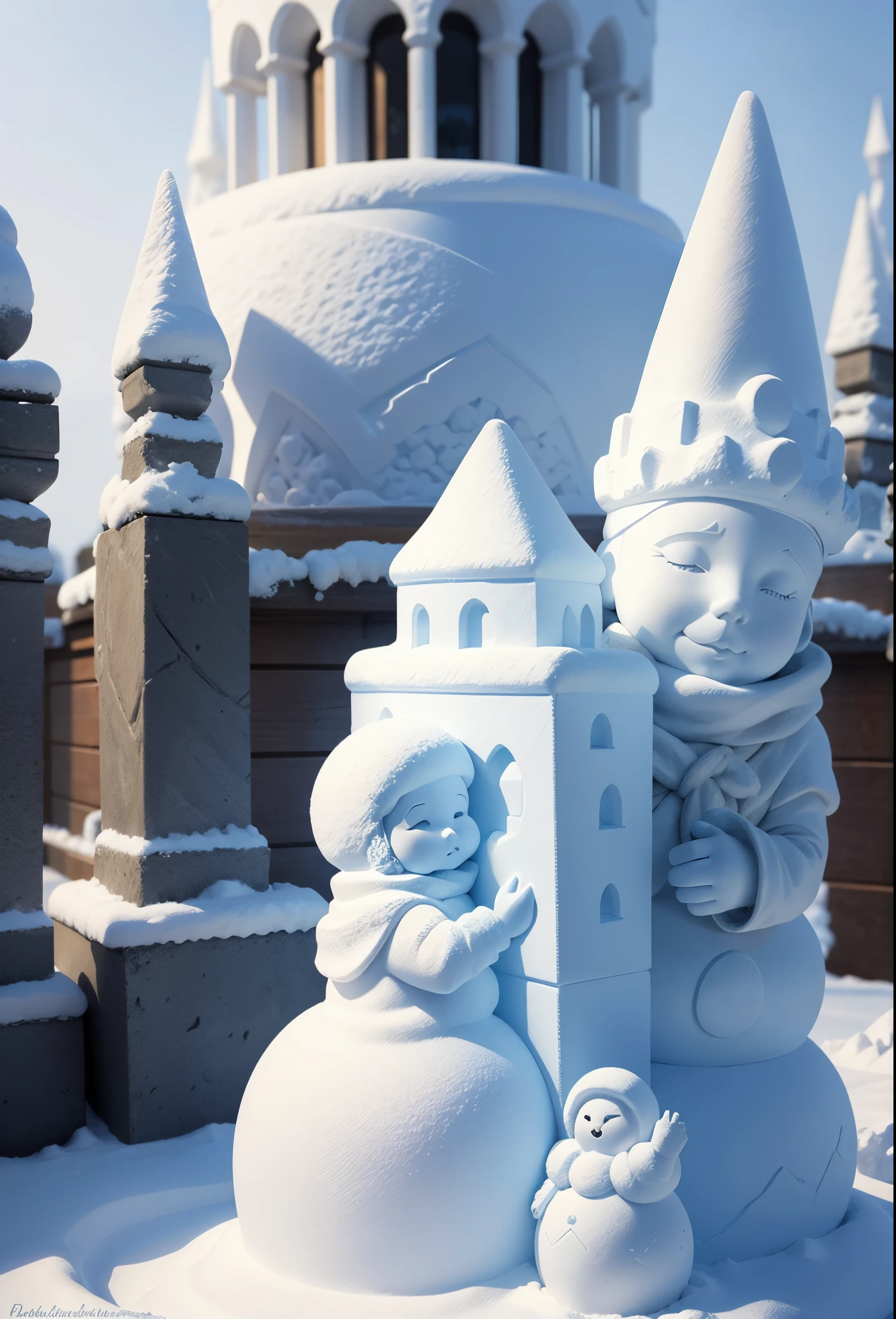snow sculpture art,snow sculpture castle,Build a snowman,Make sculptures from snow,Children playing happily in the snow