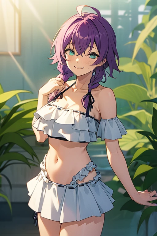 long hair, mole under mouth, purple hair, single braid, hair between eyes, aqua eyes, sharp teeth, ahoge, 1boy, blush, smile, cowboy shot, masterpiece, best quality,shiny,chromatic aberration abuse,pastel color,full body,1girl,solo, large breasts, looking at viewer,(mature female,)
sunshine,bare shoulders,hifumi bikini,sunglasses