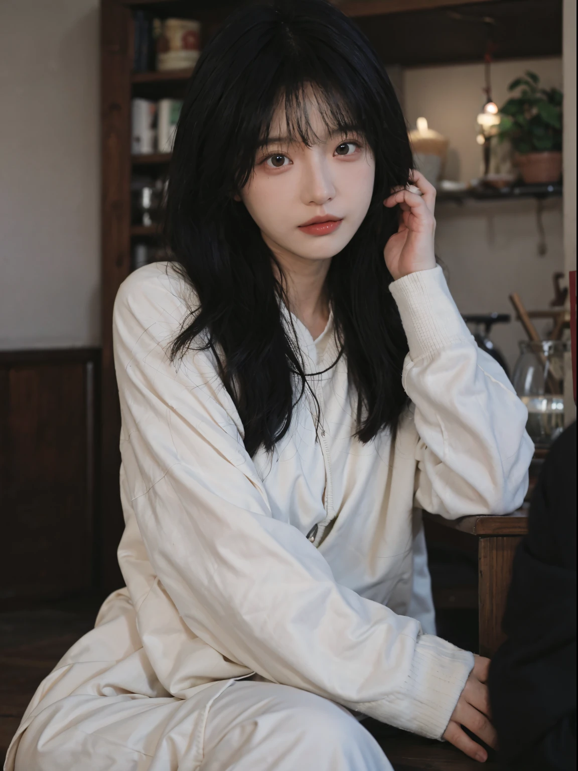 Best quality at best, 超高分辨率, (realistically:1.4), A woman with long black hair and a gray sweater, middle view, JK,under a ray of sunshine,She has black hair,through bangs, young lovely Korean faces, Cute Korean face, Urzans, Shin Jinying, beautiful aesthetic face, Korean facial features, Played by Liu Li Zhien ,beautiful realistic face