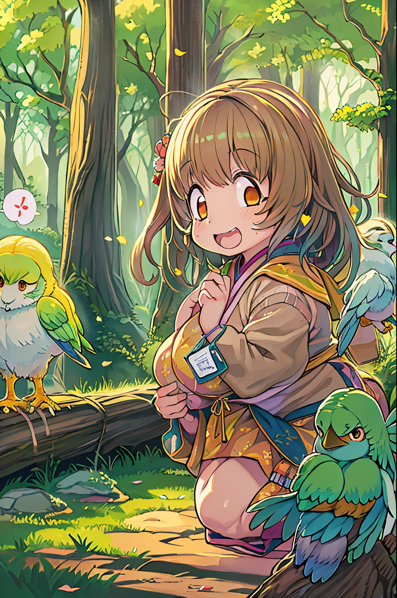 huge-breasted、kawaii、8 years old girl、A big smile、bbw、thick thight、big butts、Ultramammy,Chibi, autumn day,kaede、 Pines, Anime Background Art, japanese art style, beautiful anime scene, detailed scenery - width 672, Background art, Anime landscapes, Anime Background, Beautiful anime scenery, Beautiful peace scenes in anime, landscape artwork,In the forest、with parakeet、parakeet、Green bird
