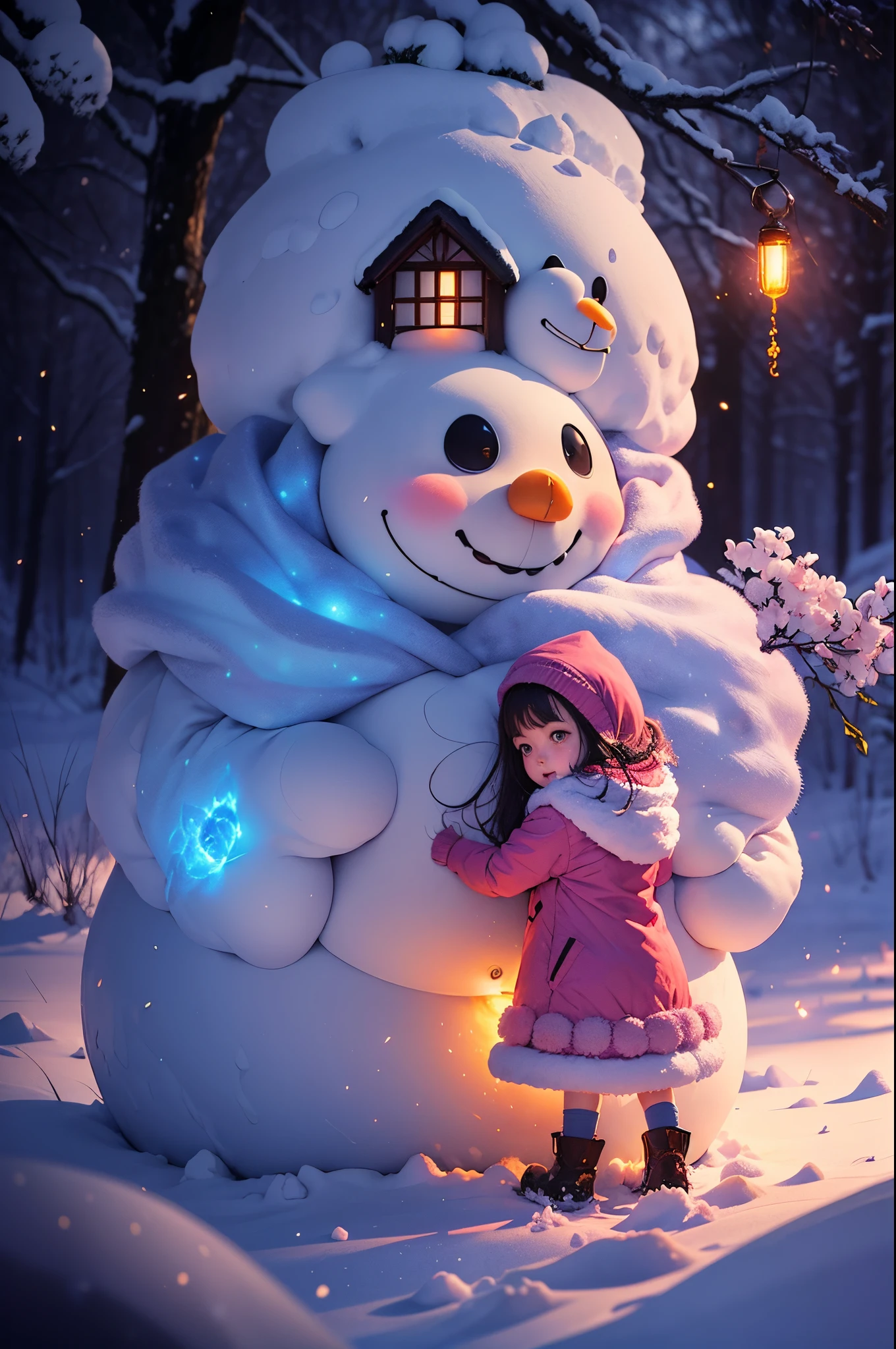 5--old l happily builds huge snowman,snowflower,at winter season,Thick snow,footprints,Colorful,dream-like,in pink,((Best quality)), ((tmasterpiece)), Enhanced dynamic viewing angle,,flowers blooming,Cottage in the woods,glowing effect,ultra - detailed,Works of masters,high high quality,8K分辨率,depth of fields,电影灯光,epic shooting,high high quality,ultra - detailed,Detailed pubic hair,Accurate,电影灯光